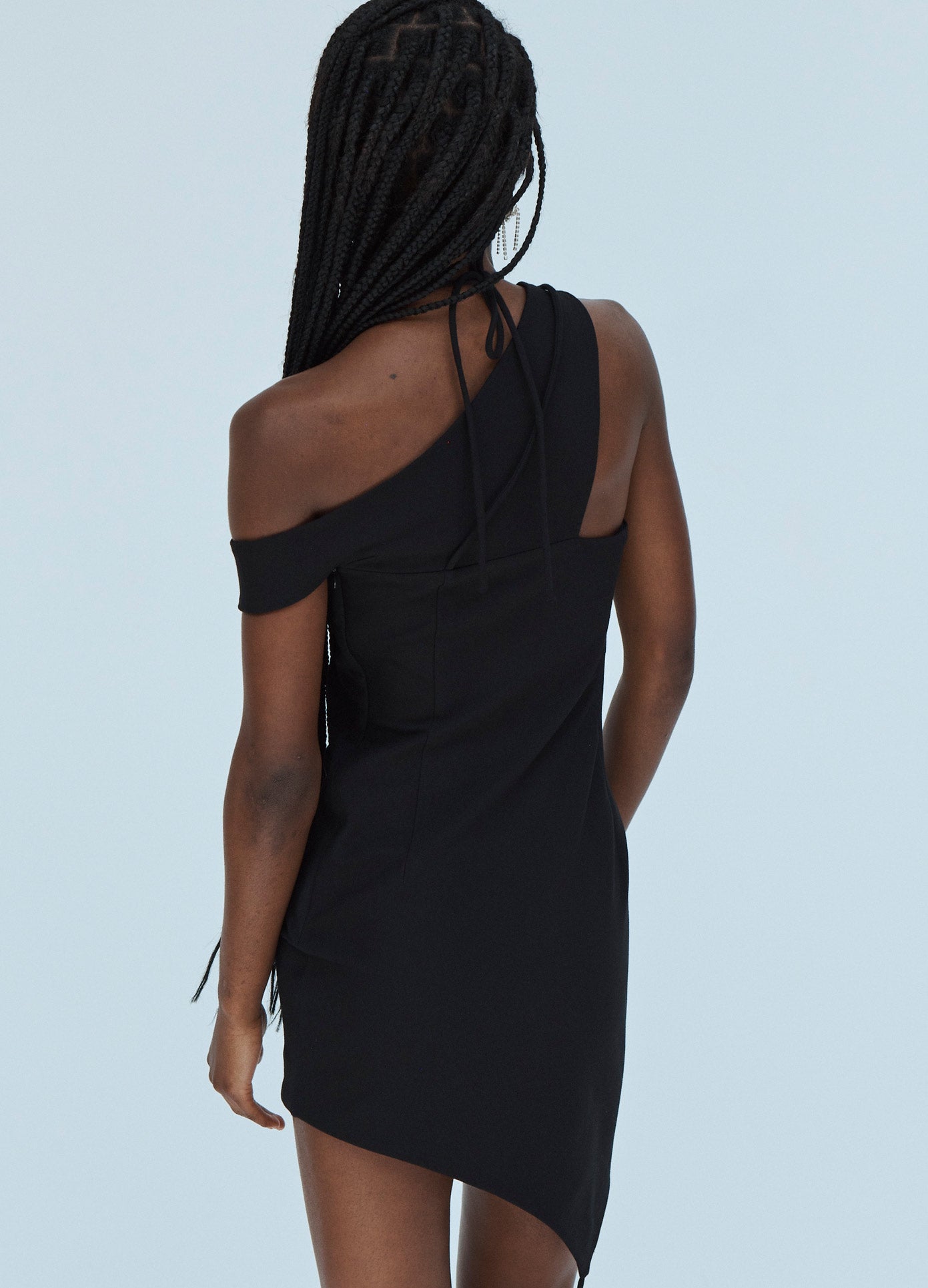 MONSE Asymmetrical Off the Shoulder Keyhole Dress in Black on Model Back View