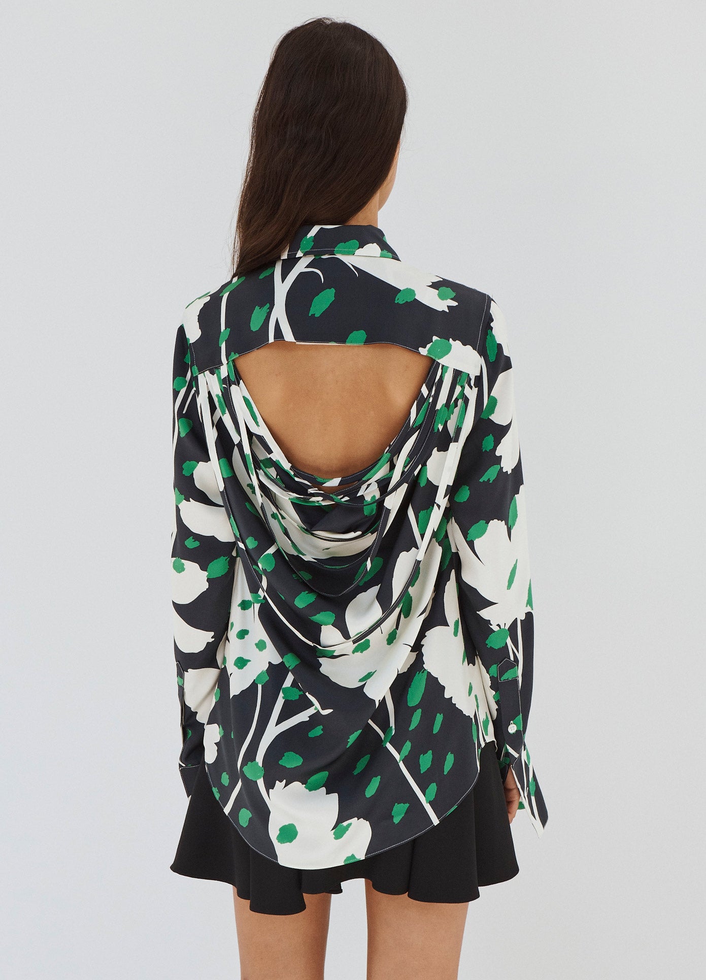 MONSE Back Cowl Detail Floral Shirt in Midnight Multi on Model Back View