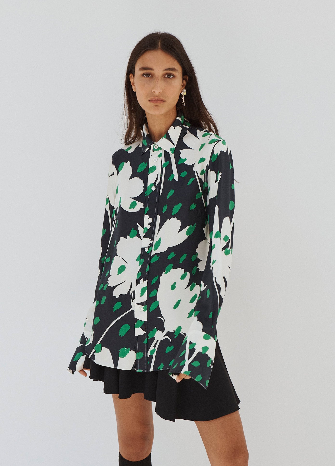 MONSE Back Cowl Detail Floral Shirt in Midnight Multi on Model Front View