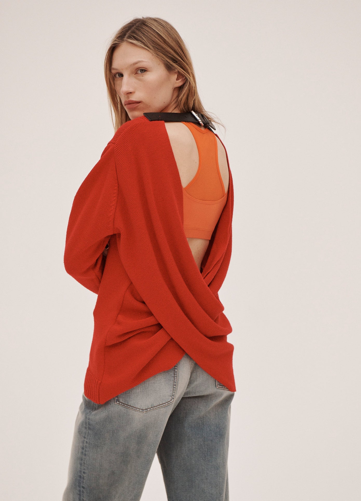 MONSE Back Twist Knit Pullover is MONSE Red on Model Back View