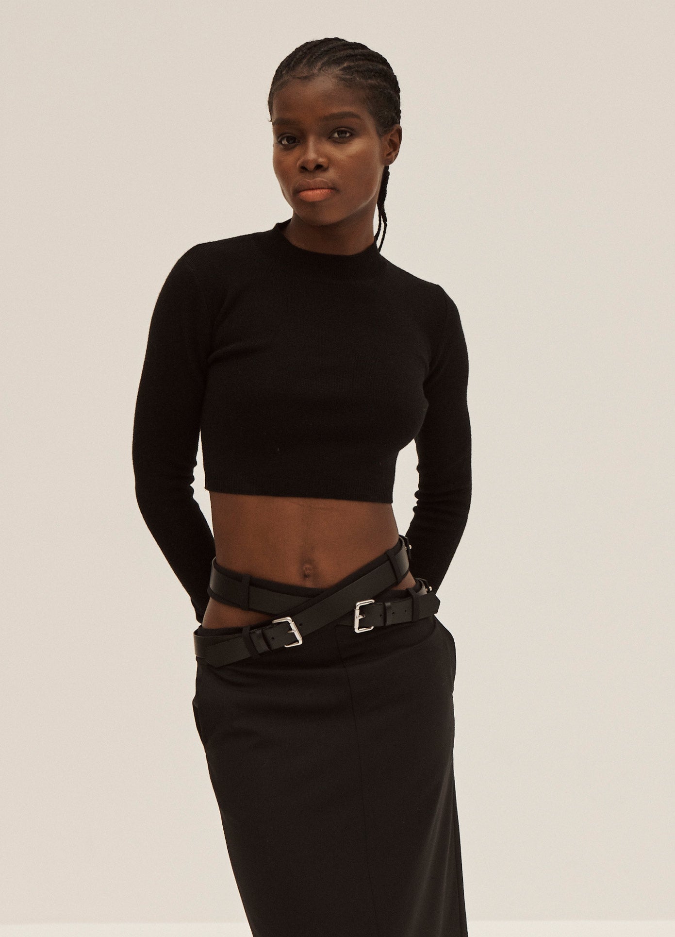 MONSE Belted Crop Knit Top on Model Front View