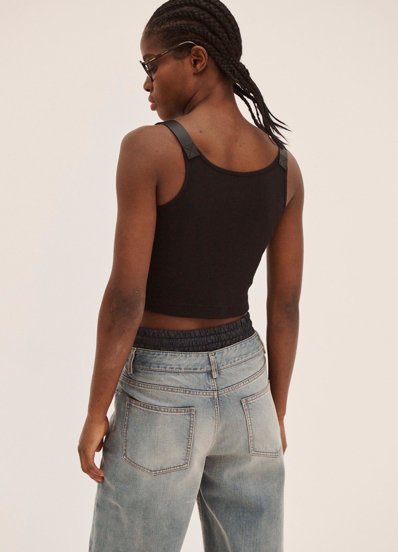 MONSE Belted Crop Top in Black on Model Back View