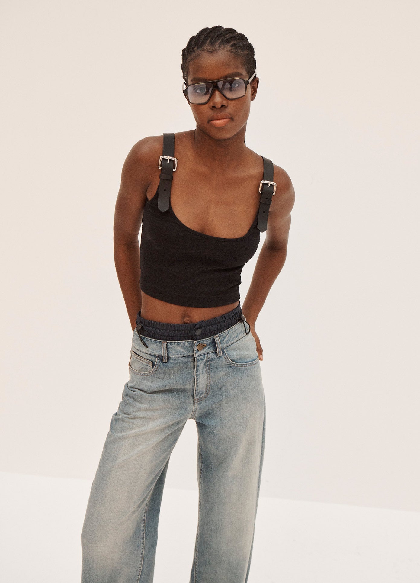 MONSE Belted Crop Top in Black on Model Front View