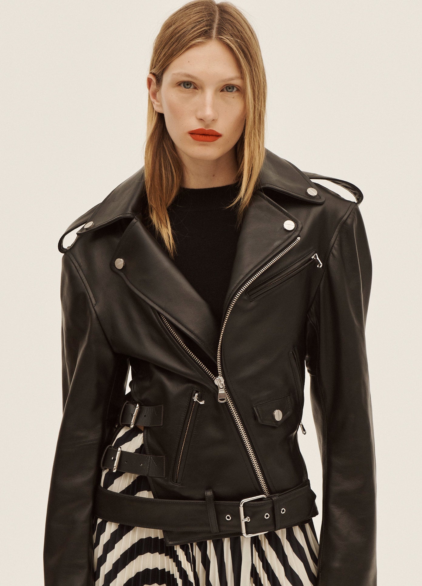 MONSE Belted Leather Jacket in Black on Model Front Detail View