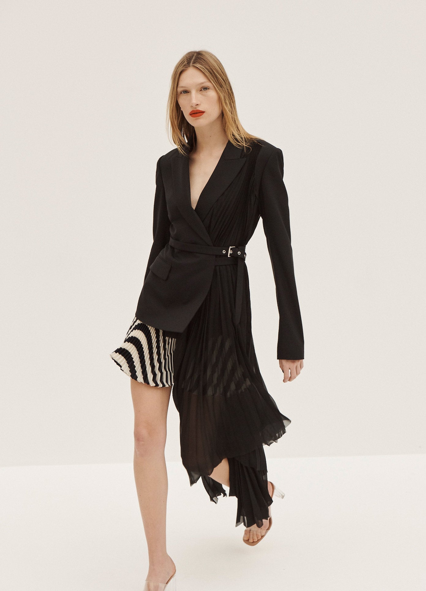 MONSE Belted Pleat Inset Jacket in Black on Model Walking Front View