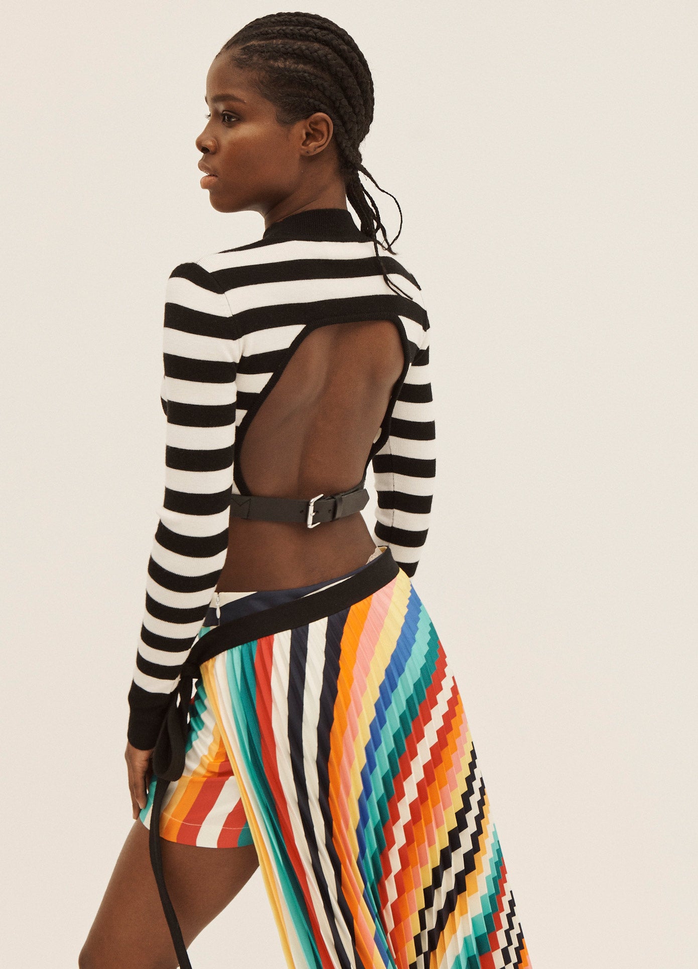 MONSE Belted Striped Crop Knit Top in Black and Ivory on Model Back View