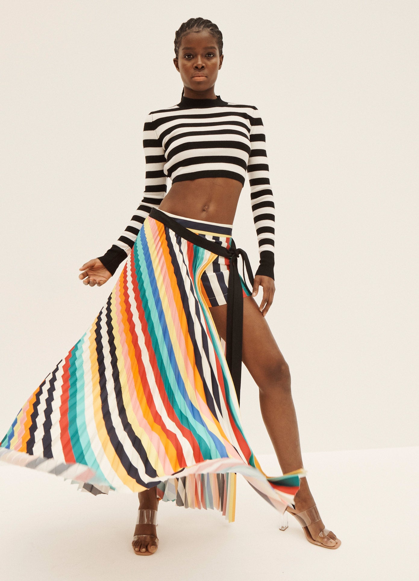 MONSE Belted Striped Crop Knit Top in Black and Ivory on Model Front View