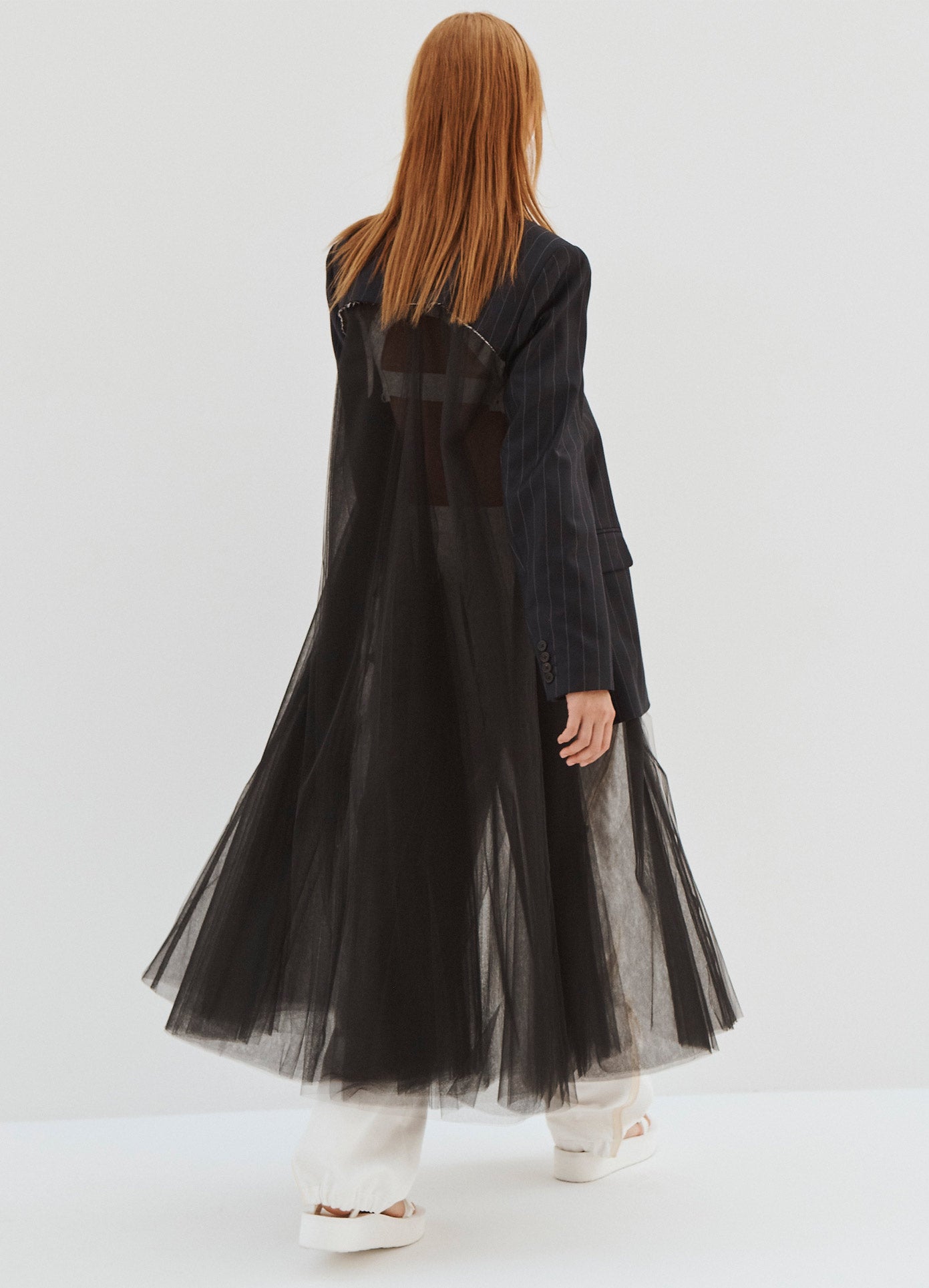 MONSE Blazer with Tulle in Black and Midnight on Model Walking Away Back View
