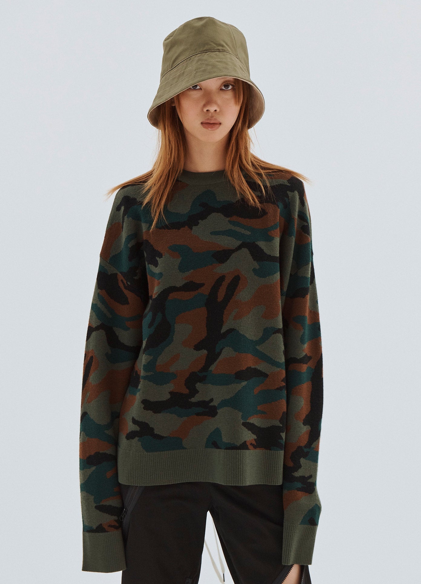 MONSE Boxy Camo Laced Up Sweater on Model Front View