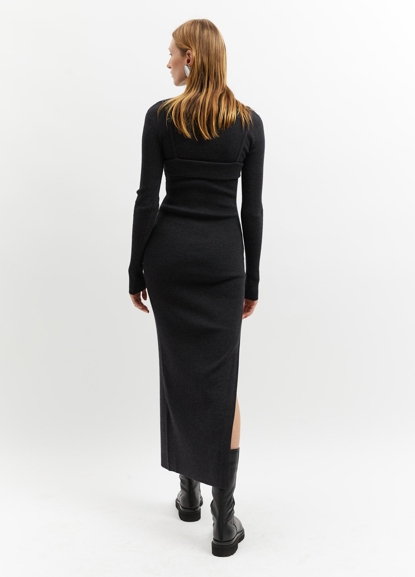 MONSE Bra Garter Knit Dress in Charcoal on Model Full Back View