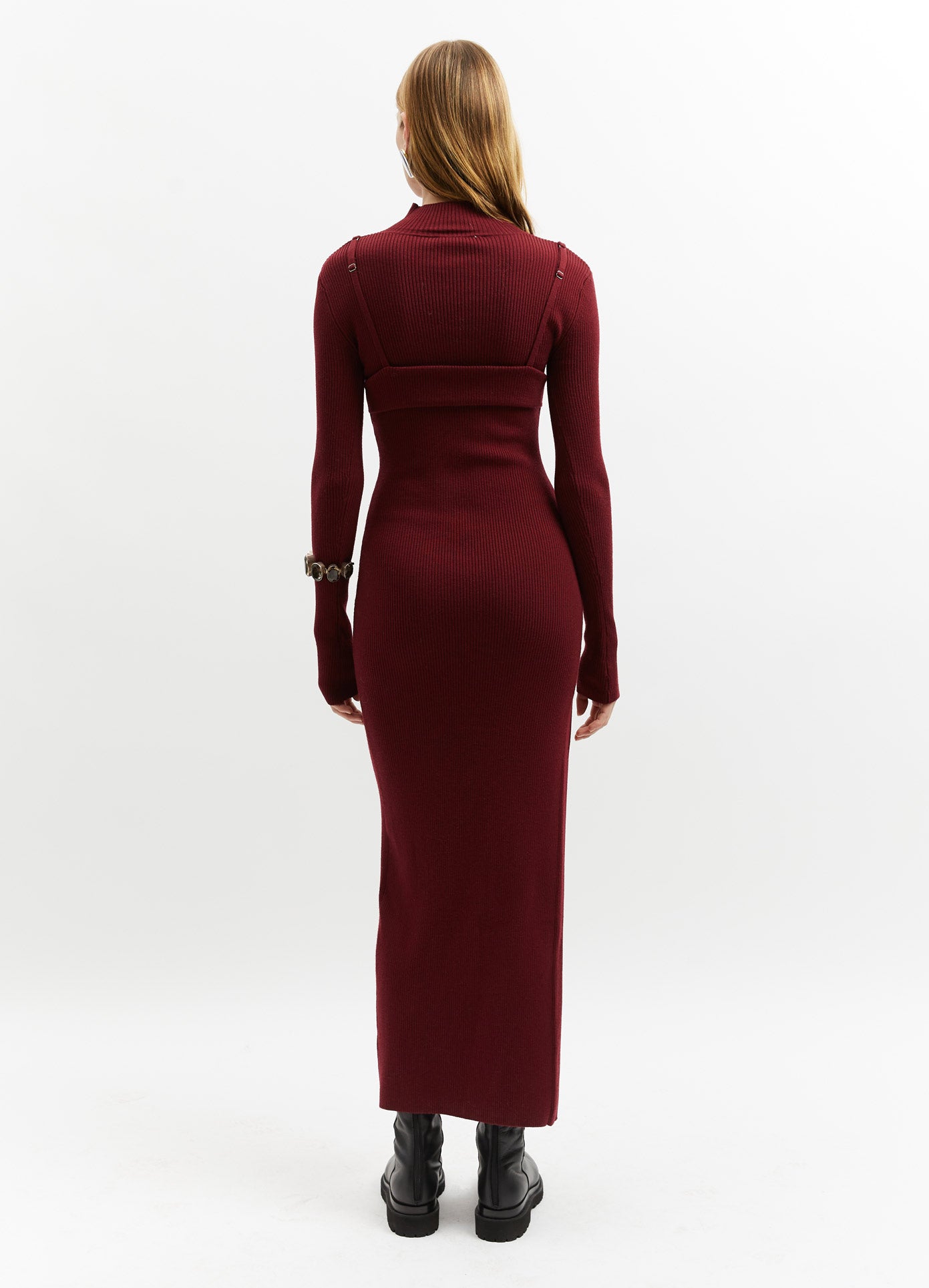 MONSE Bra Garter Knit Dress in Merlot on Model Full Back View
