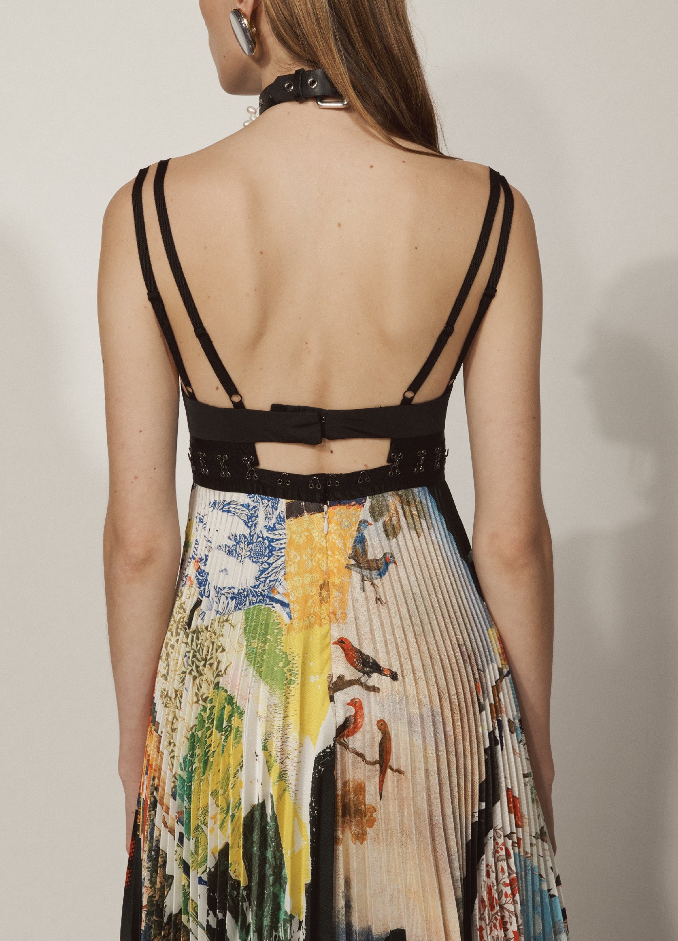 MONSE Bra Pleated Dress in Black Multi on Model Detailed Back View