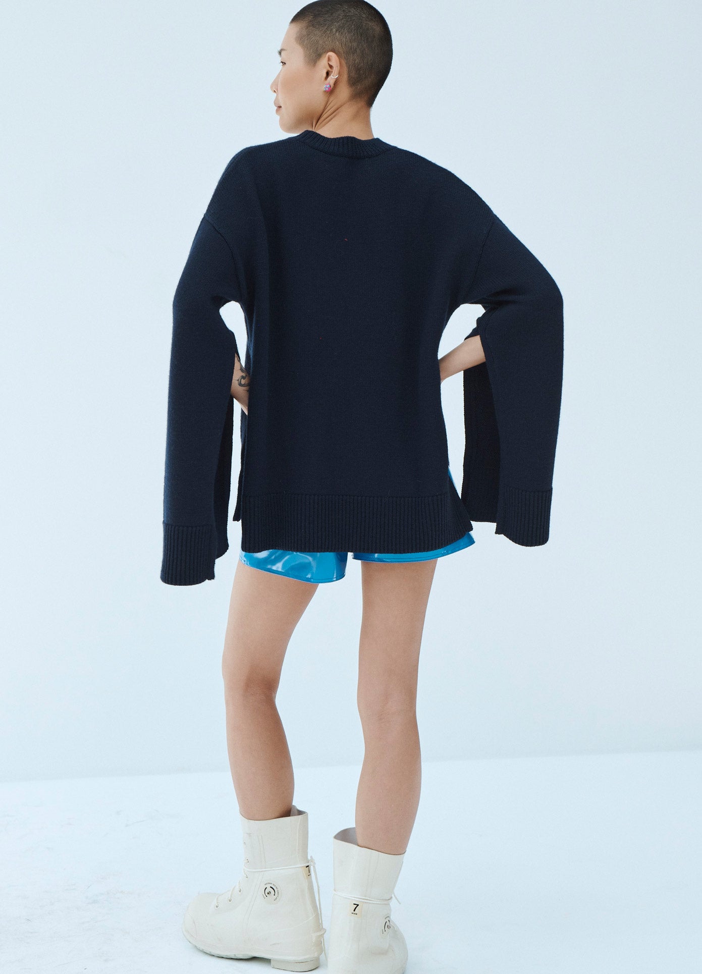 MONSE Bunny Intarsia Sweater in Midnight on Model Back View