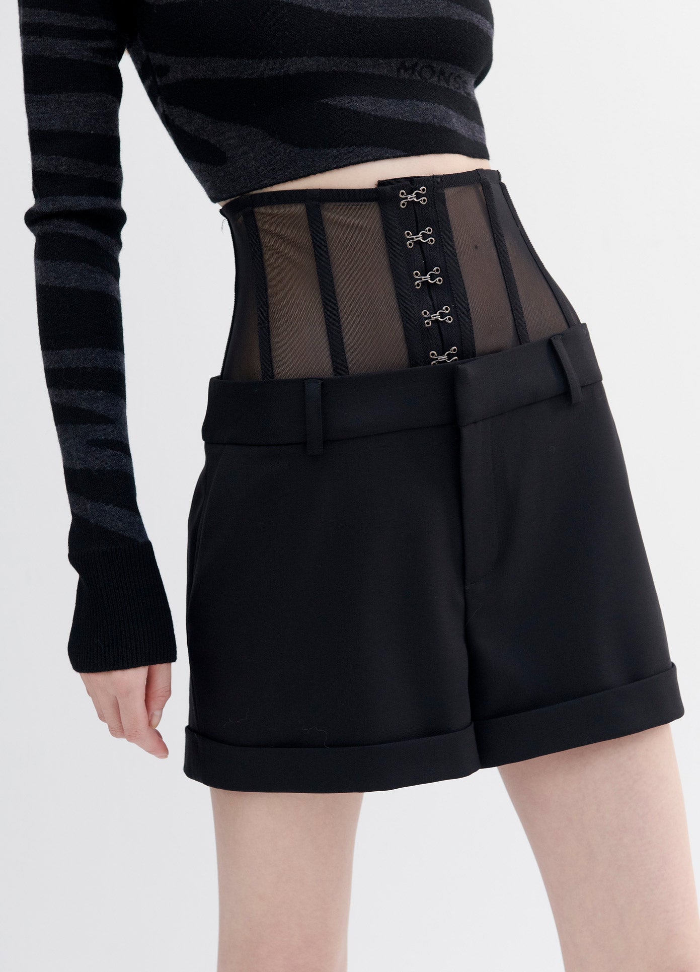 MONSE Bustier Shorts in Black on Model Front Detail View