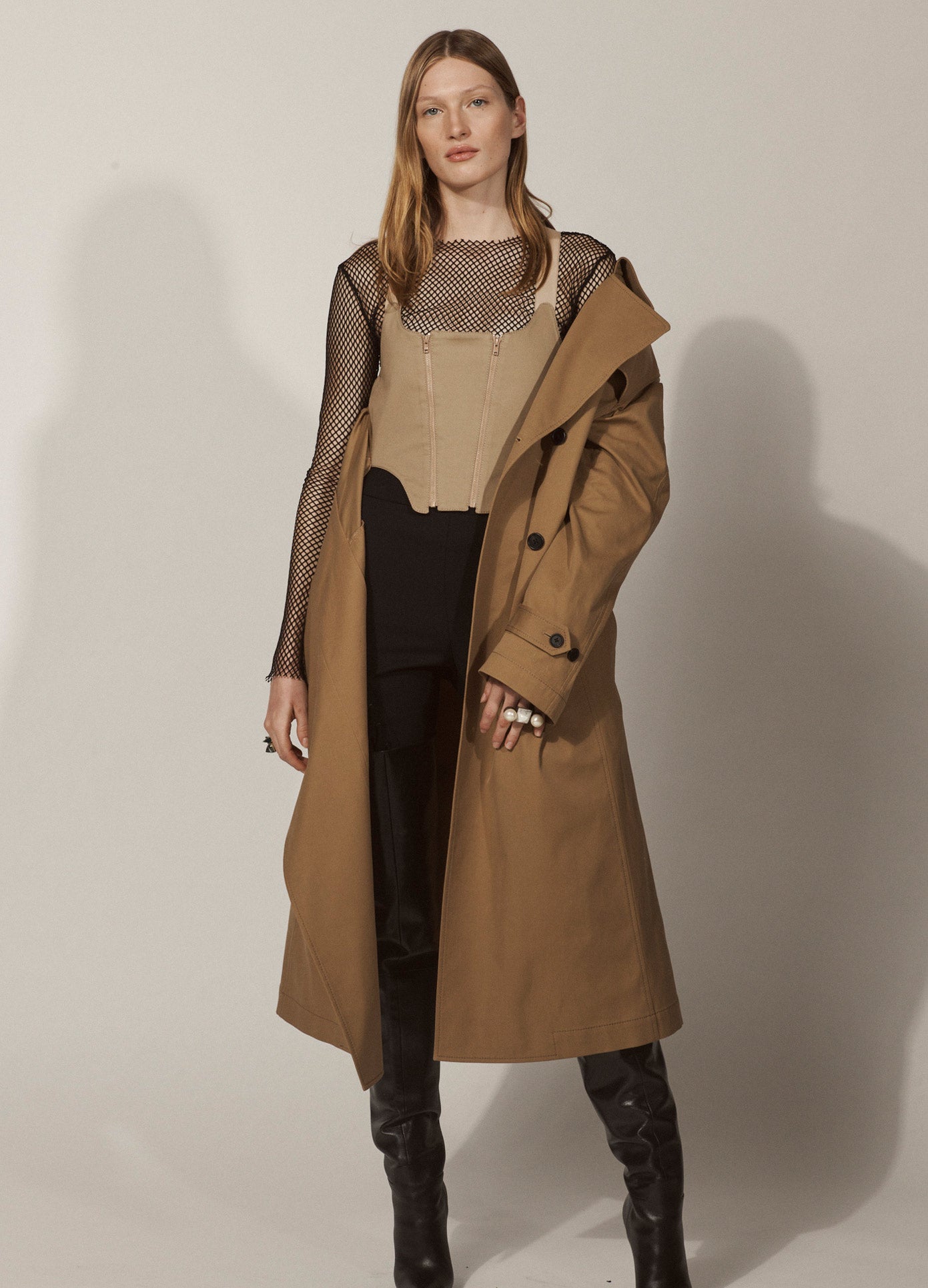 MONSE Bustier Trench Coat in Khaki and Beige on Model Lookbook Front View
