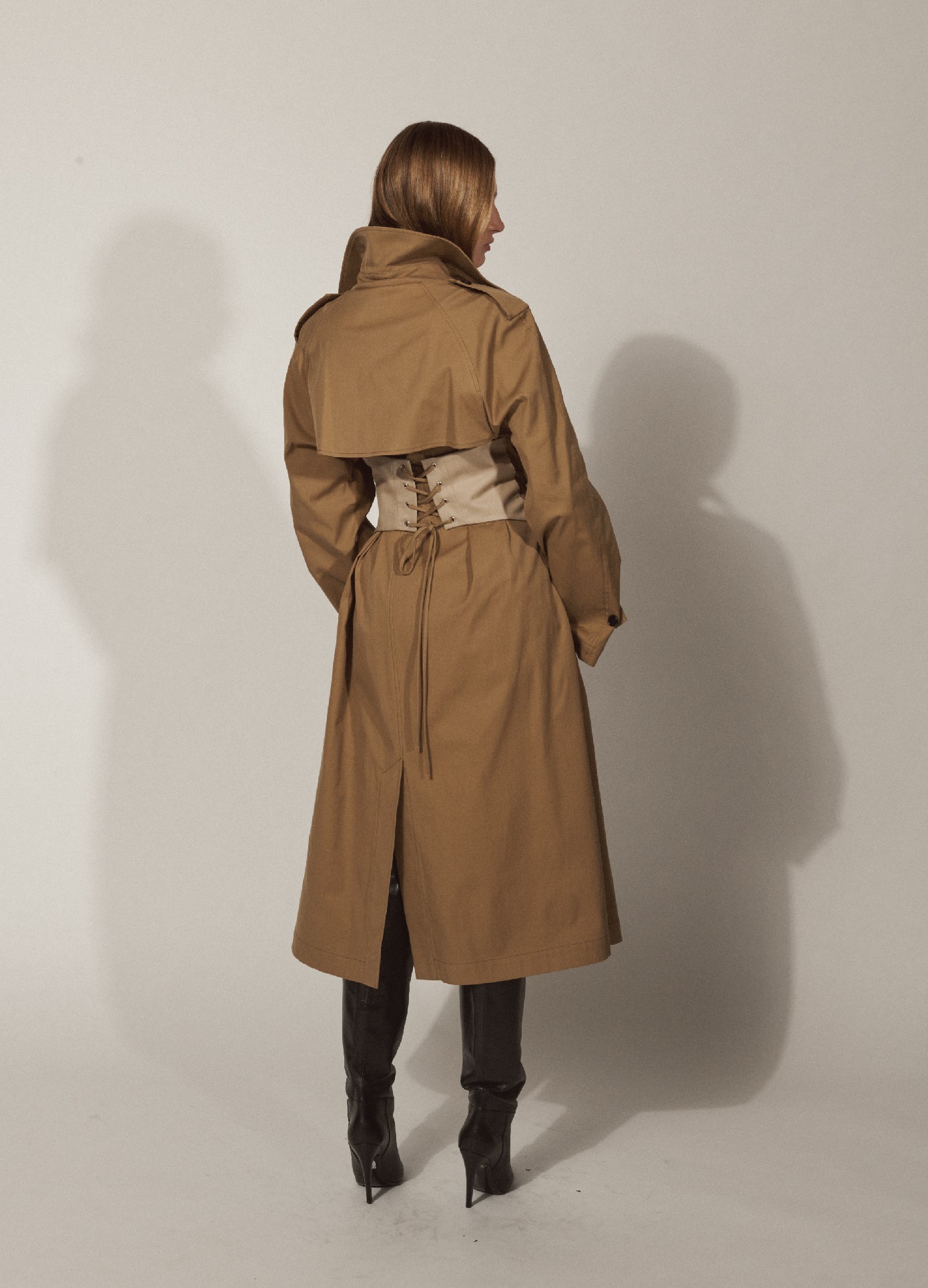 MONSE Bustier Trench Coat in Khaki and Beige on Model Lookbook Back View