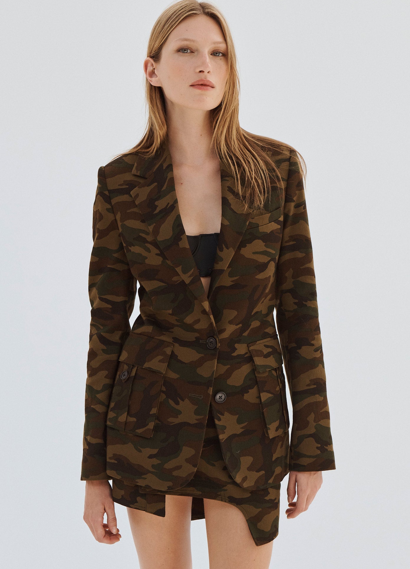 MONSE Camo Back Cut Out Jacket on Model Buttoned Up Front View