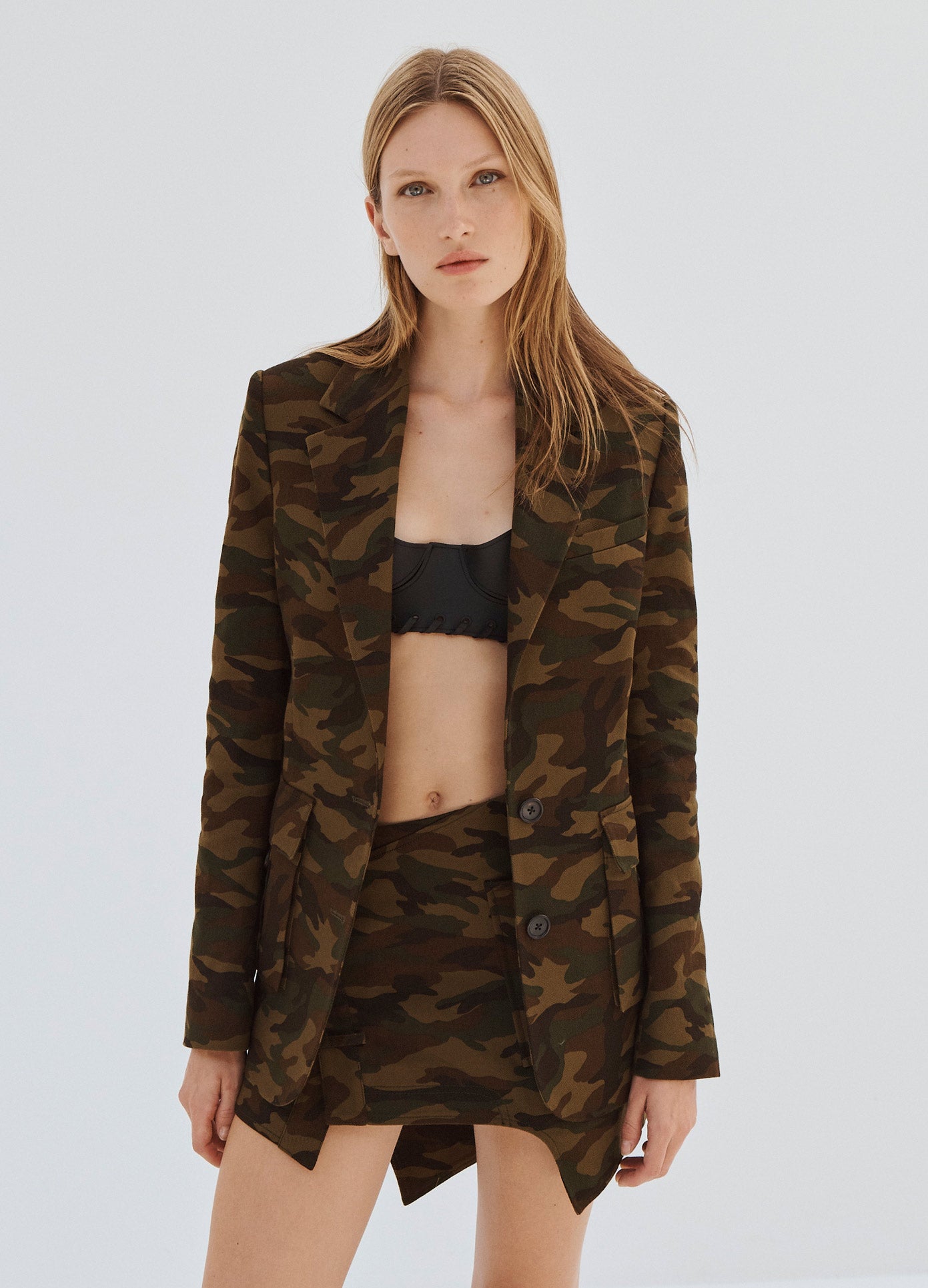 MONSE Camo Back Cut Out Jacket on Model Unbuttoned Front View