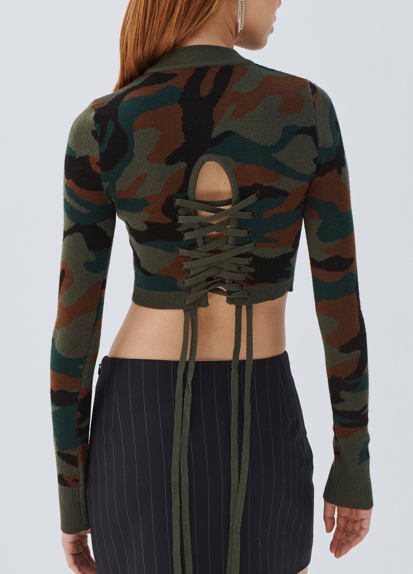 MONSE Camo Cropped Sweater on Model Back Detail View