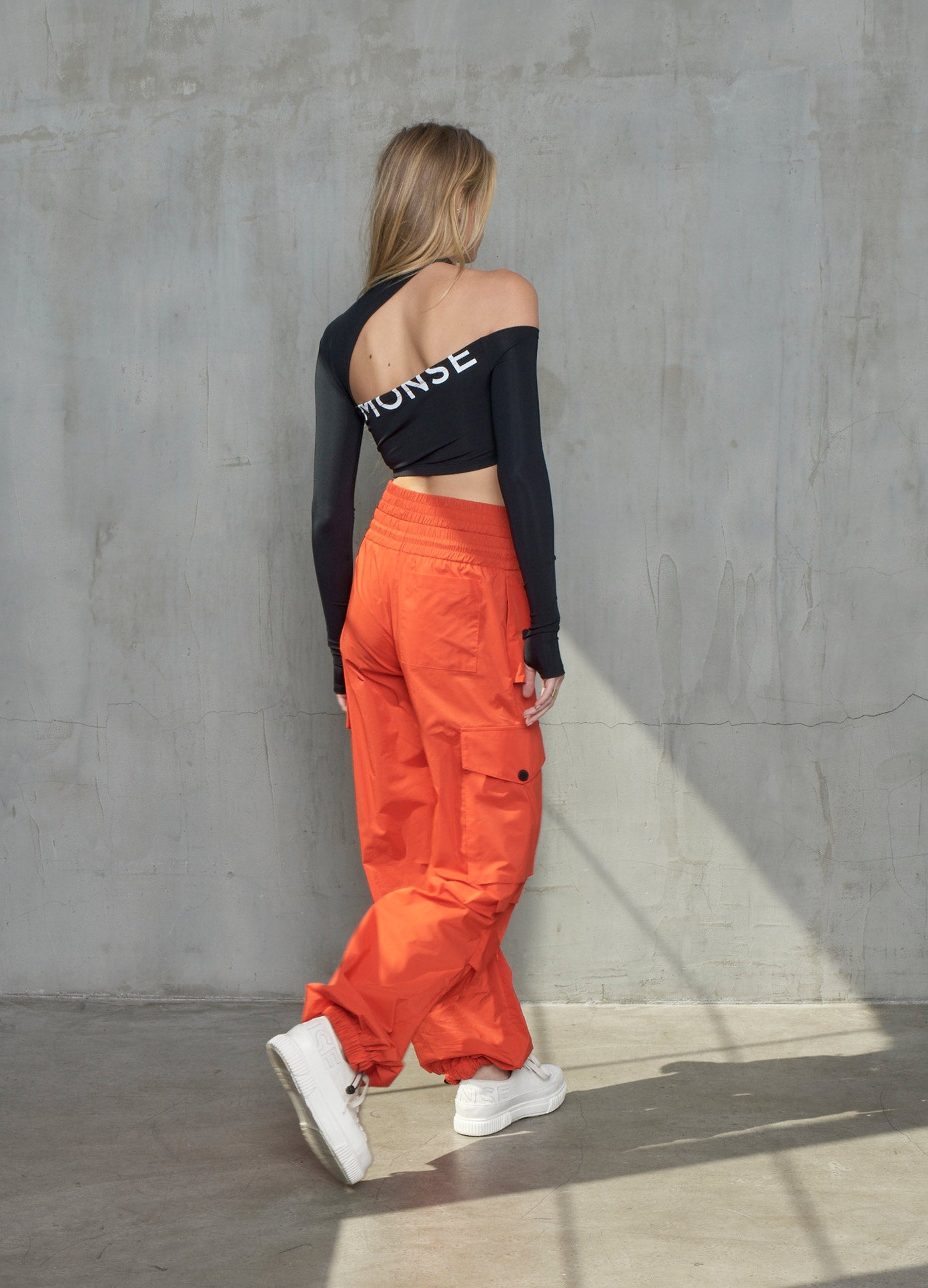 MONSE Cargo Parachute Pant in Poppy on Model Back View