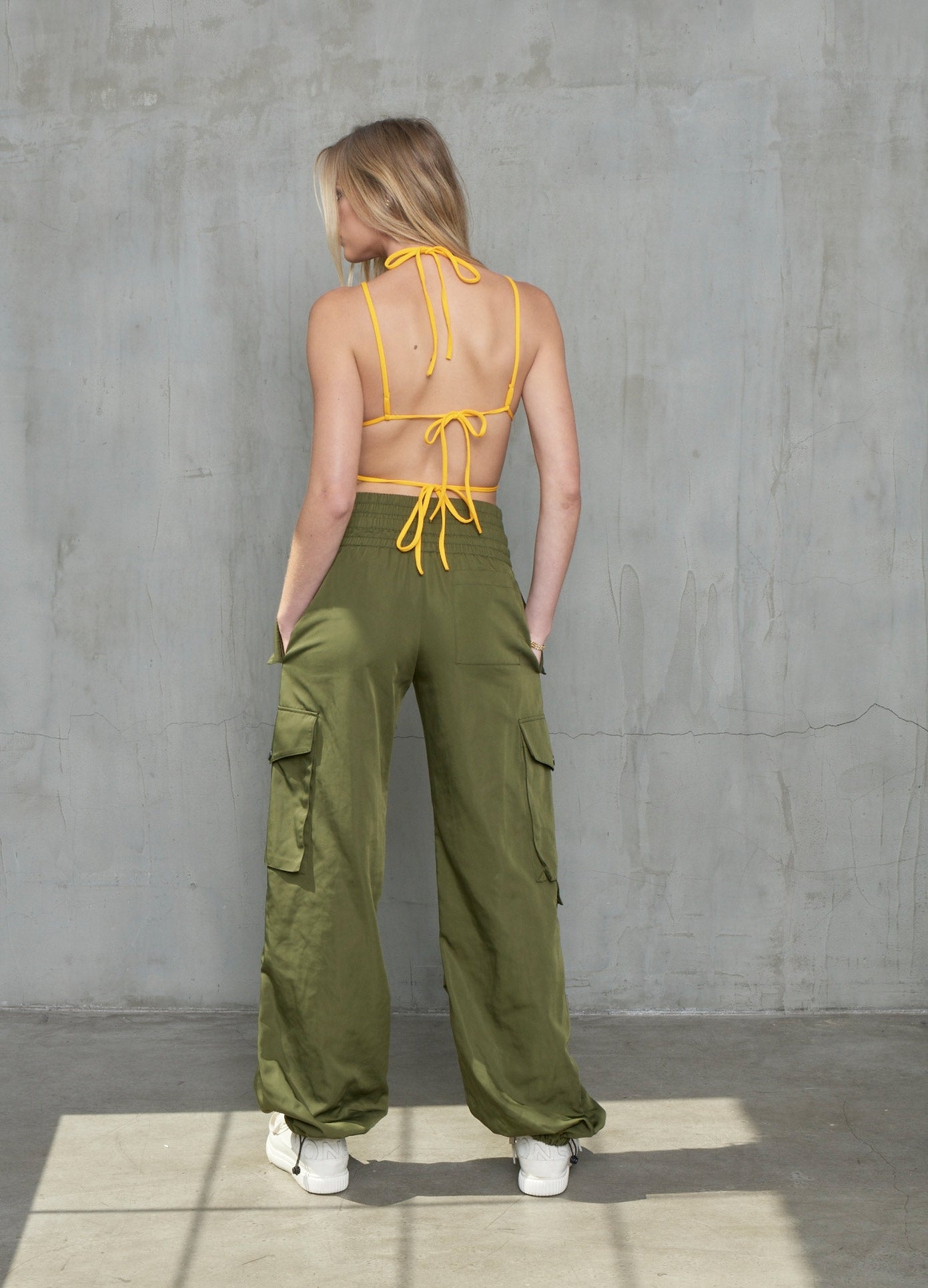 MONSE Cargo Parachute Pant in Olive on Model Back View