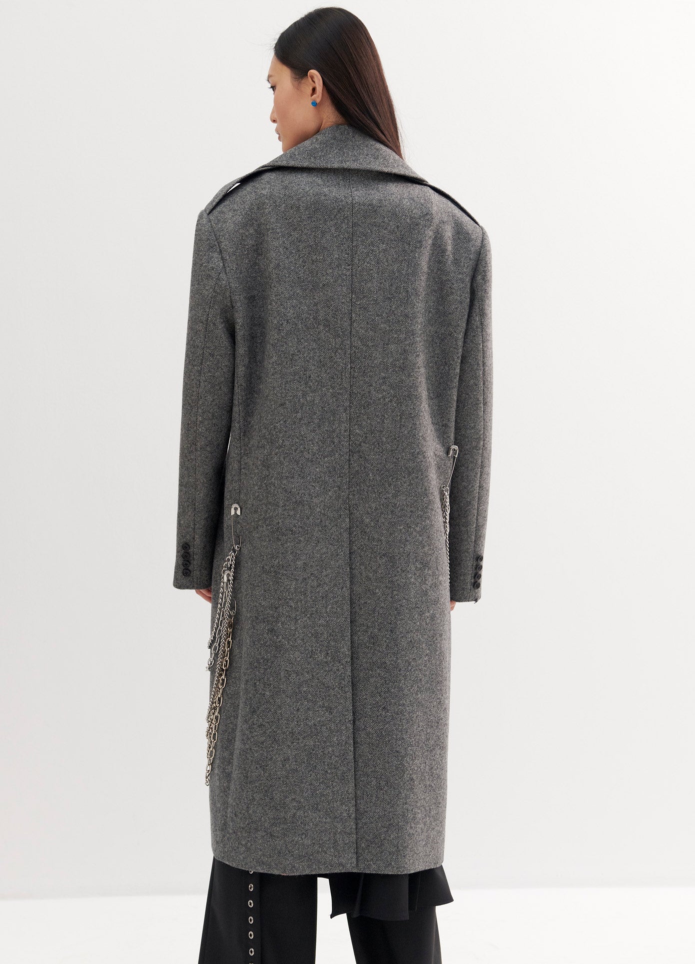 MONSE Chain Detail Coat in Charcoal on Model Back View
