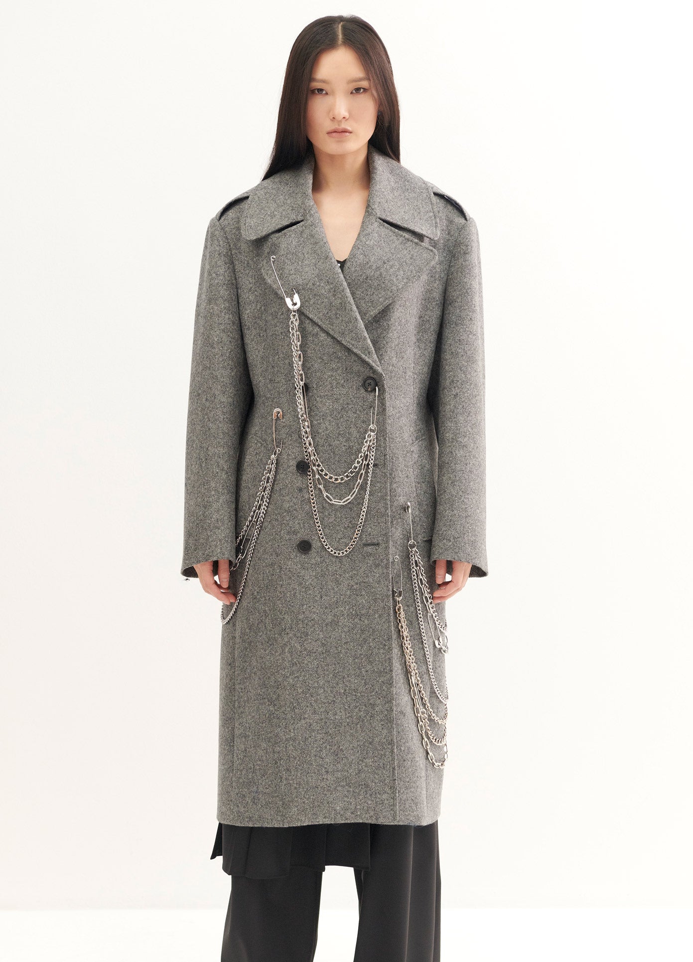 MONSE Chain Detail Coat in Charcoal on Model Front View