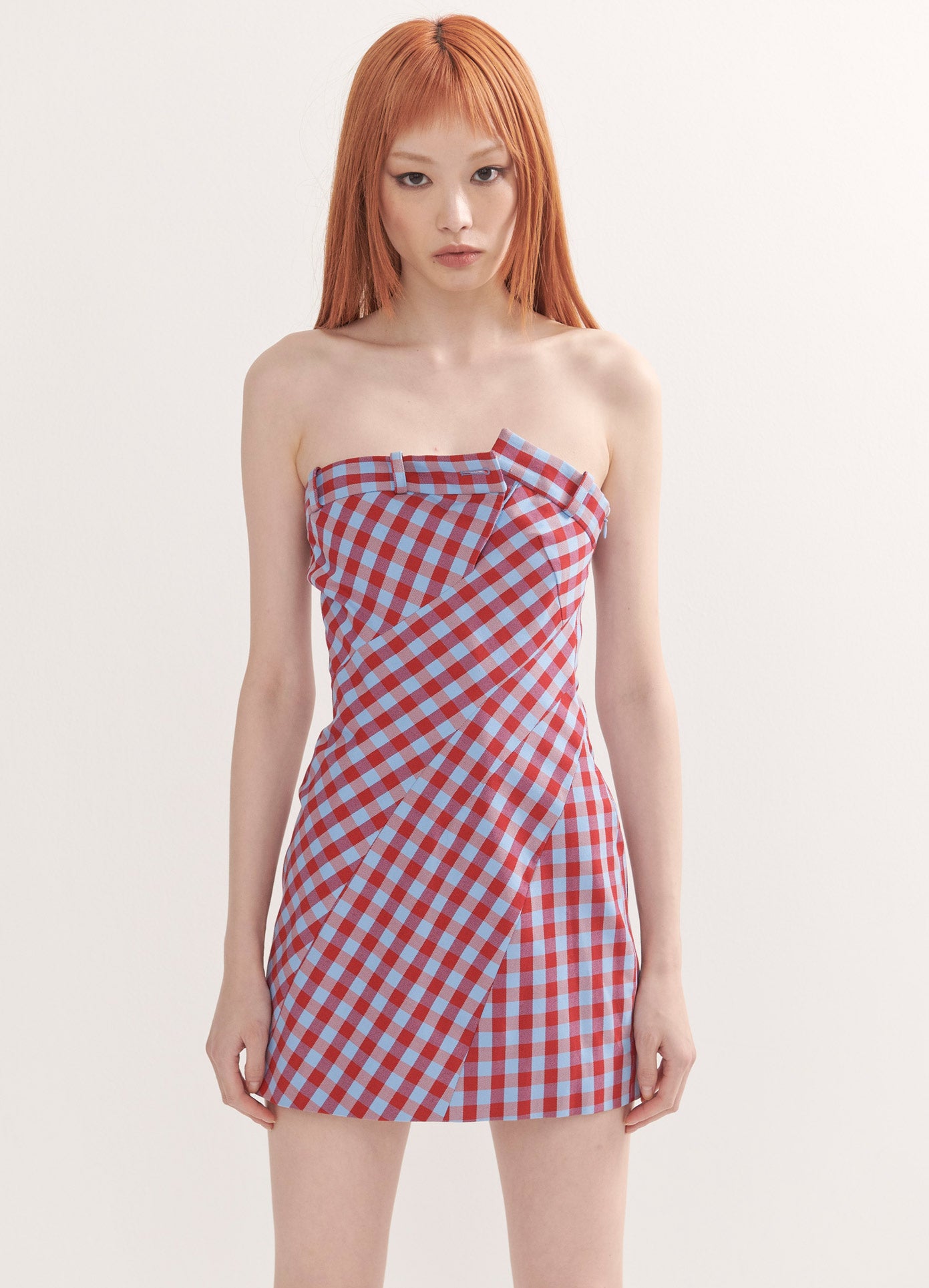 MONSE Check Strapless Twisted Dress in Ruby and Blue on Model Front View