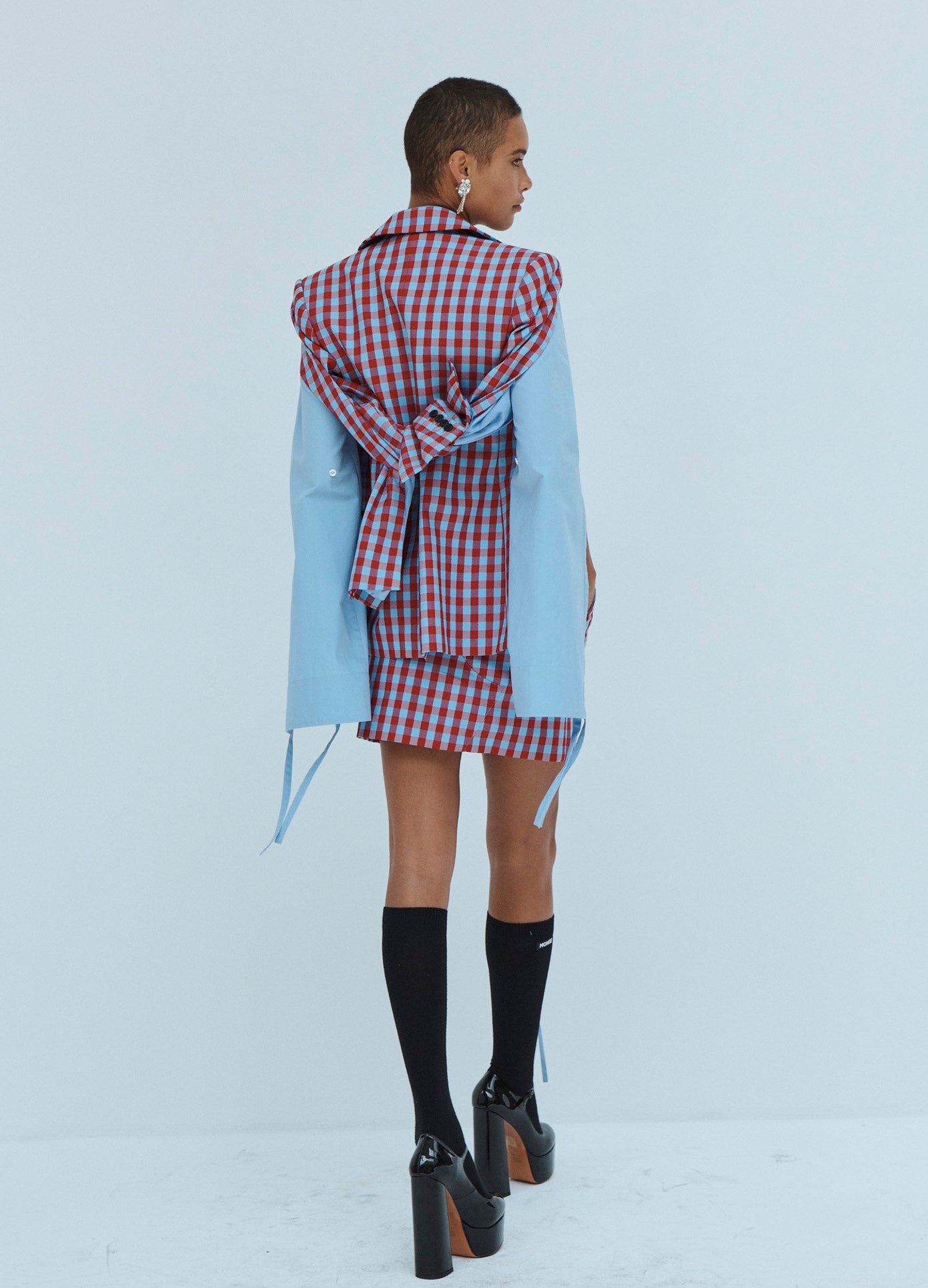 MONSE Check Tied Backsleeve Jacket in Ruby and Blue on Model Back View