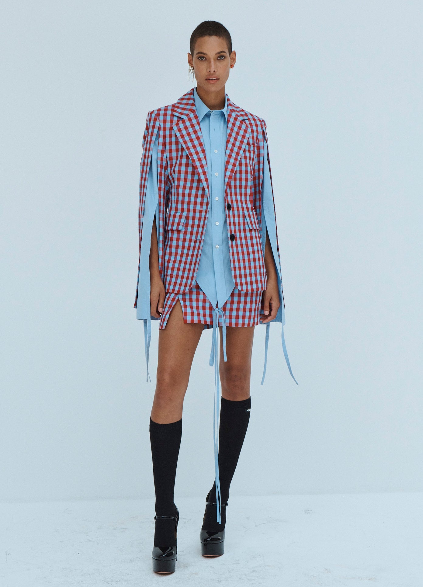 MONSE Check Tied Backsleeve Jacket in Ruby and Blue on Model Front View