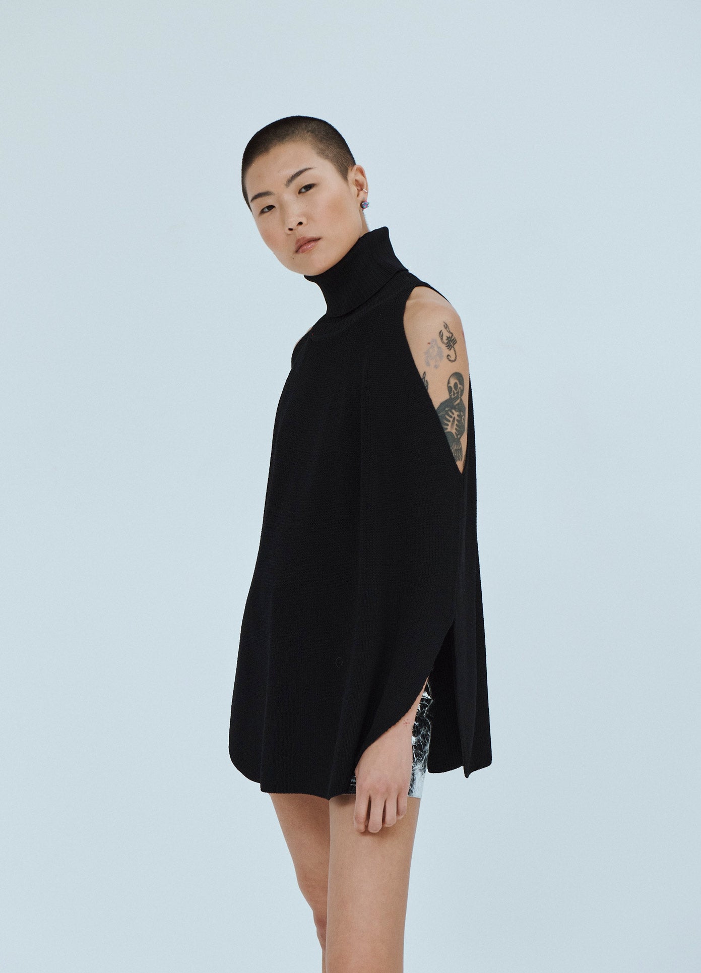 MONSE Cold Shoulder Turtleneck Sweater in Black on Model Front Side View