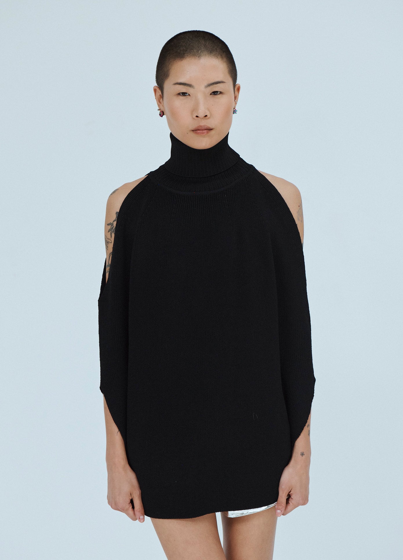 MONSE Cold Shoulder Turtleneck Sweater in Black on Model Front View