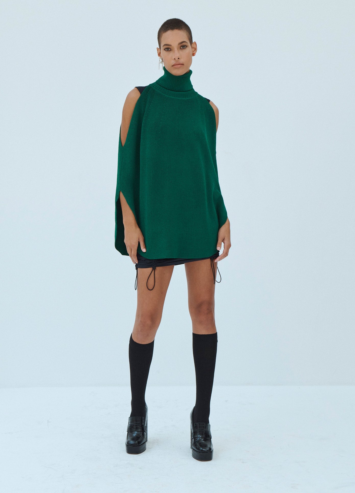 MONSE Cold Shoulder Turtleneck Sweater in Green on Model Front View