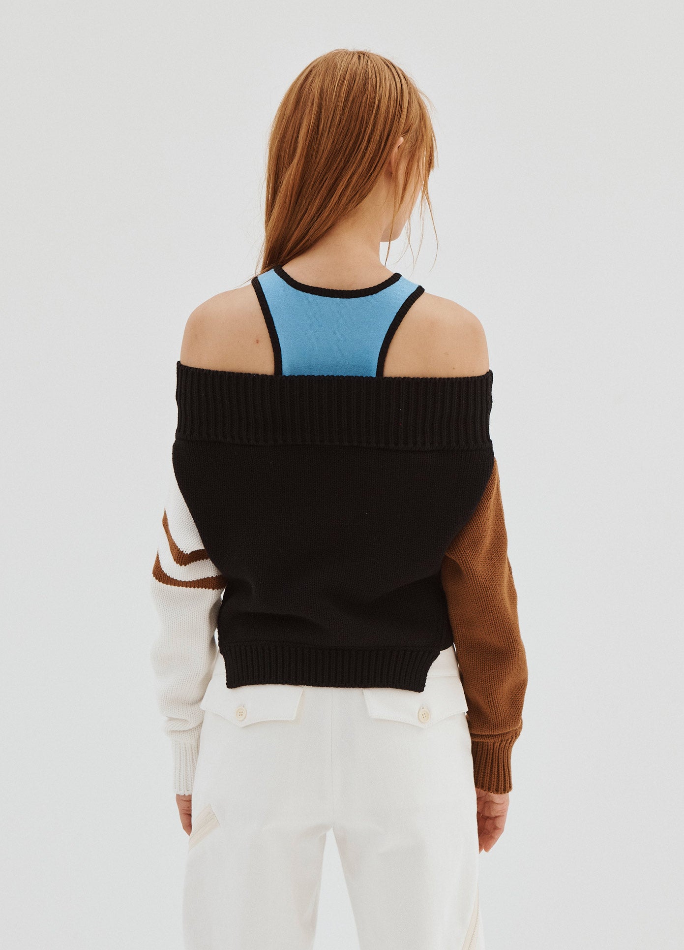 MONSE Color Blocked Off Shoulder Sweater in Black on Model Back View
