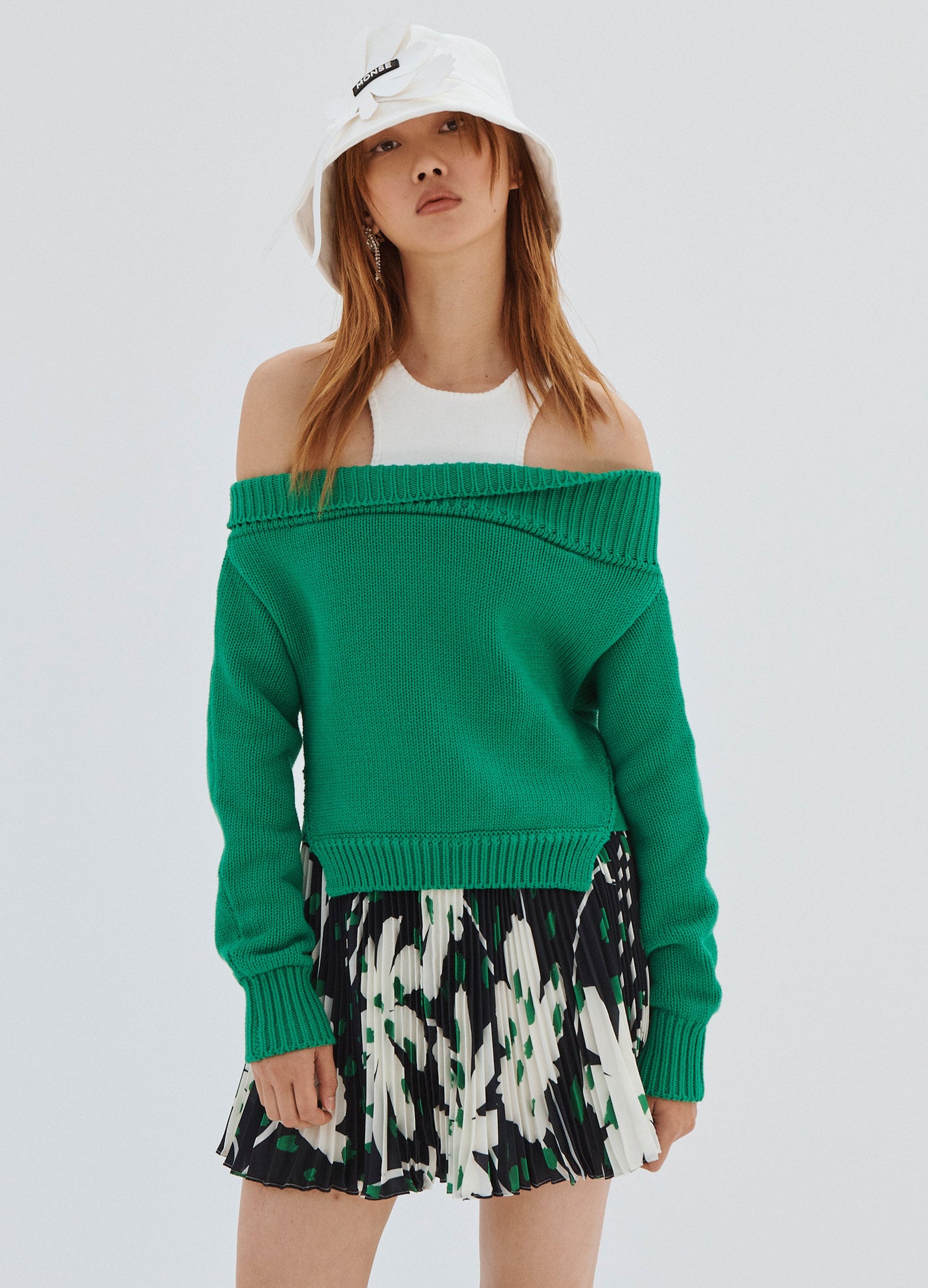 MONSE Color Blocked Off Shoulder Sweater in Green on Model Front View