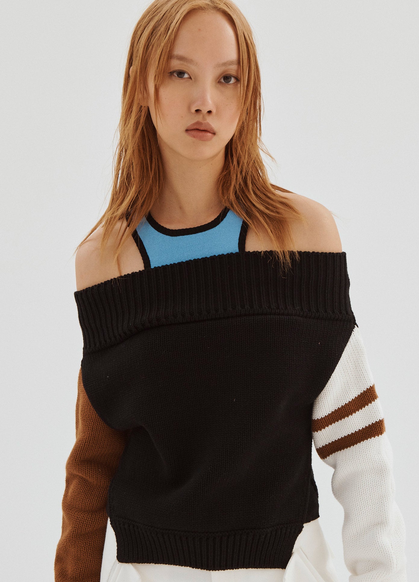 MONSE Color Blocked Off Shoulder Sweater in Black Multi on Model Front Detail View