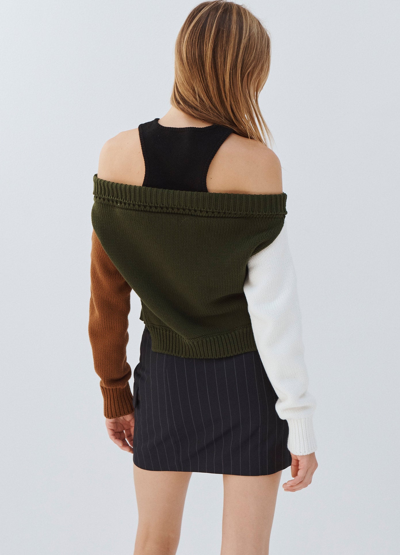 MONSE Color Blocked Off Shoulder Sweater in Olive on Model Back View