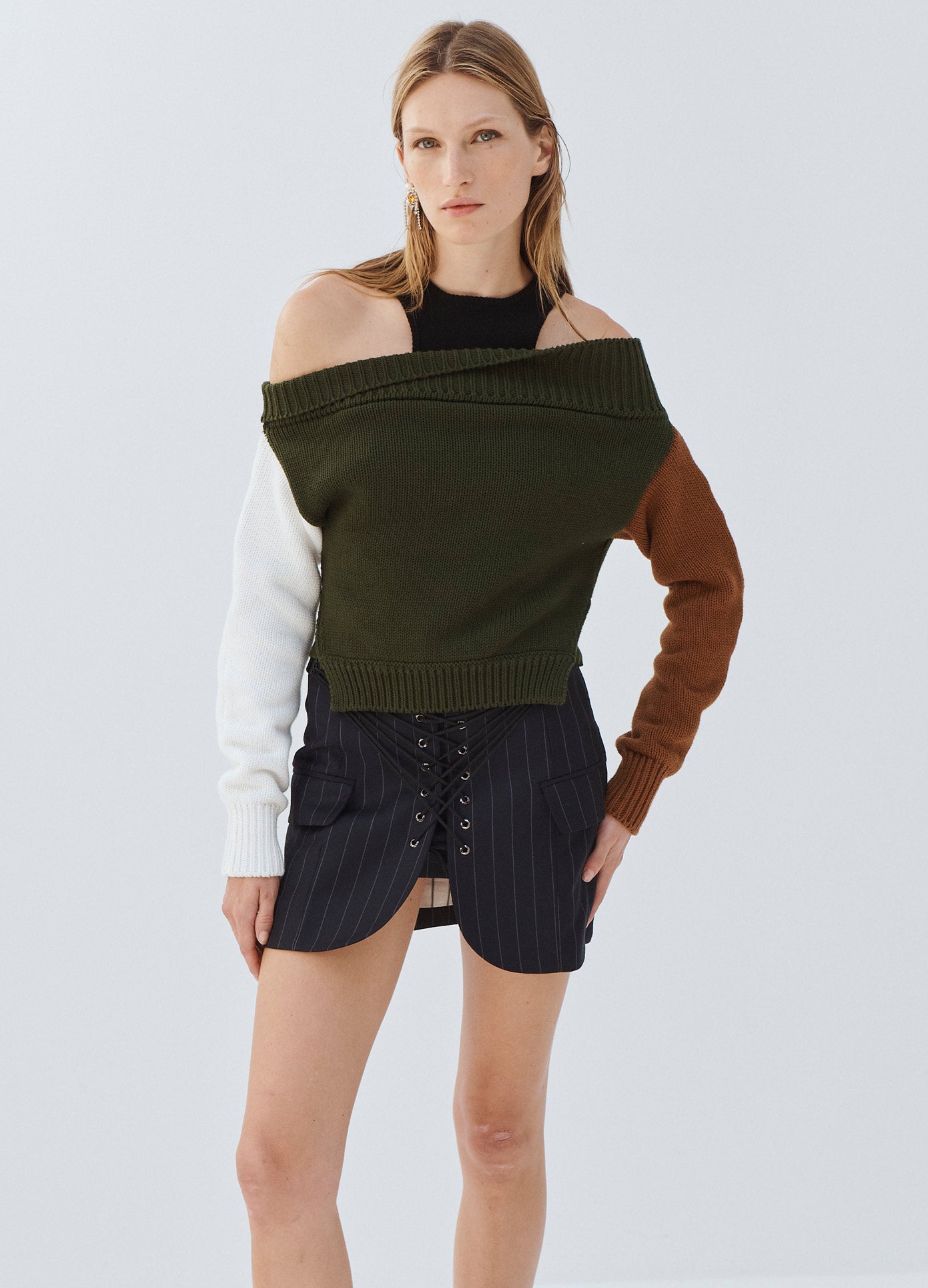 MONSE Color Blocked Off Shoulder Sweater in Olive on Model Front View