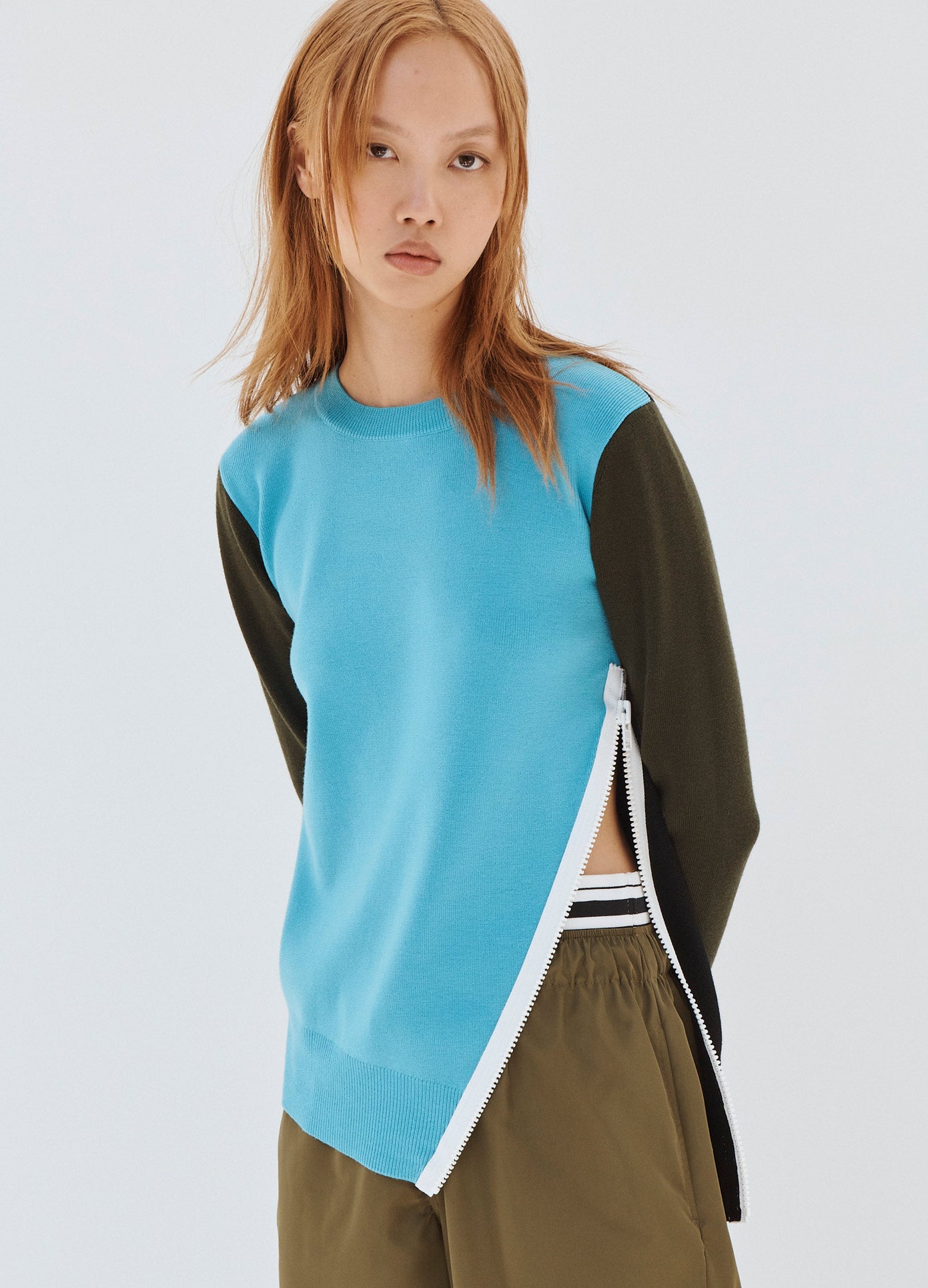 MONSE Colorblock Zip Detail Sweater in Blue on Model Front View