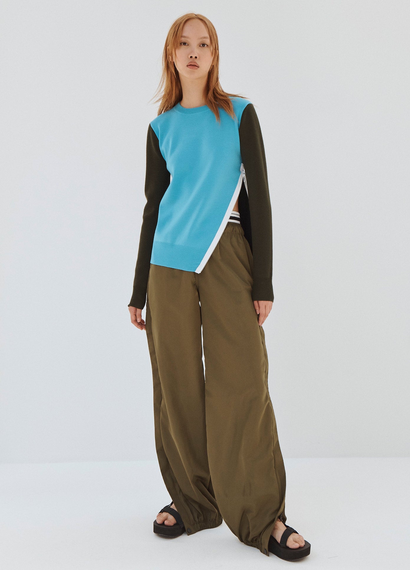 MONSE Colorblock Zip Detail Sweater in Blue on Model Full Front View