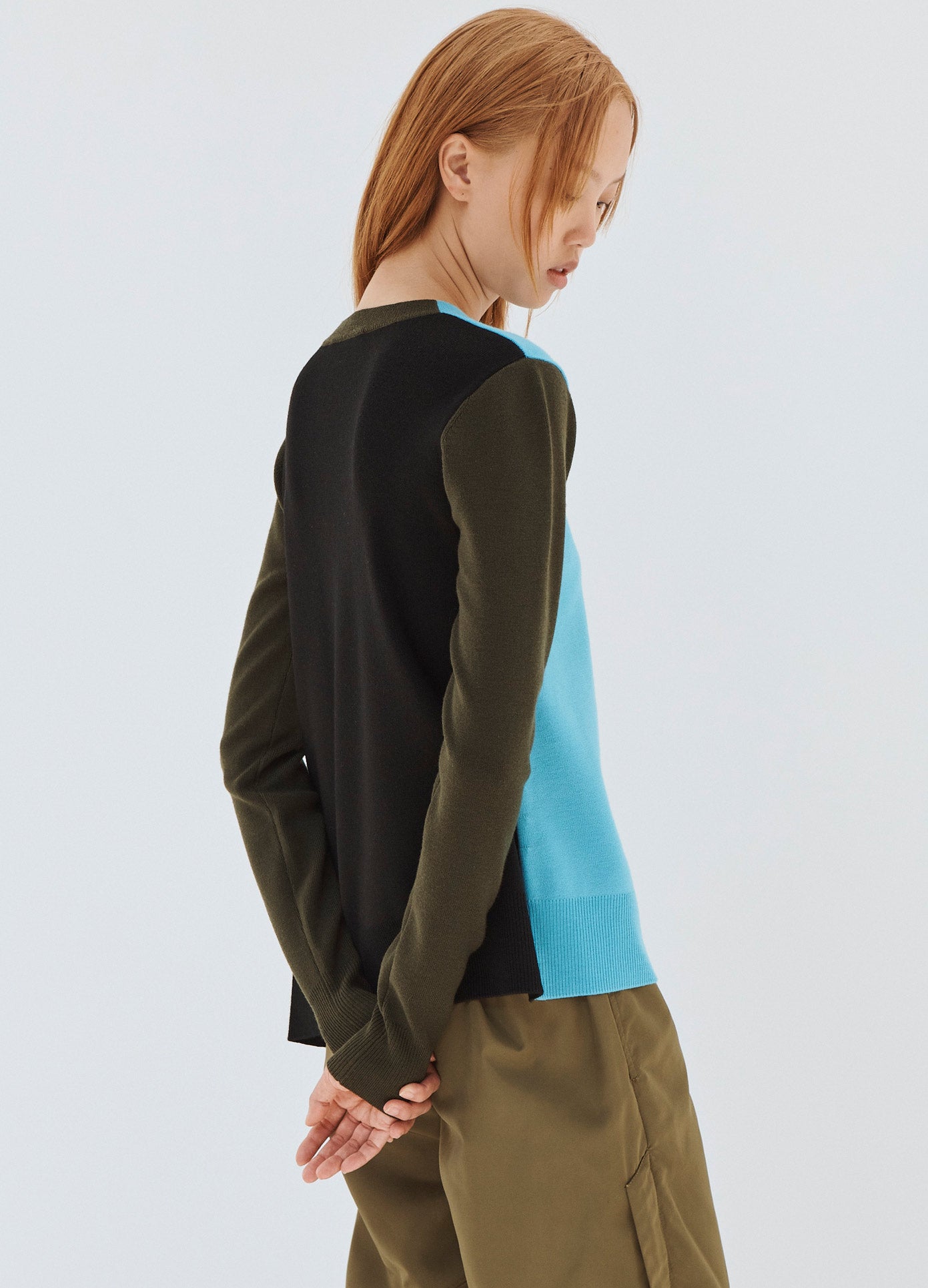 MONSE Colorblock Zip Detail Sweater in Blue on Model Side Back View