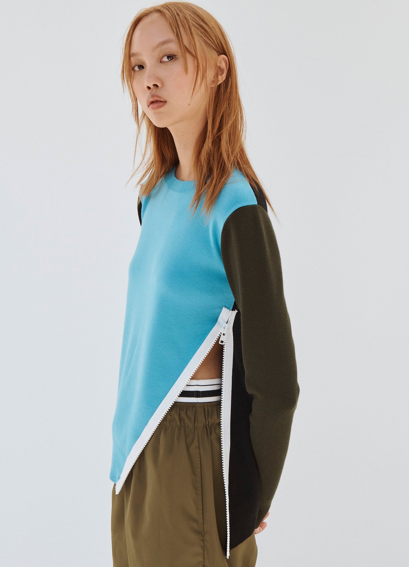 MONSE Colorblock Zip Detail Sweater in Blue on Model Side View