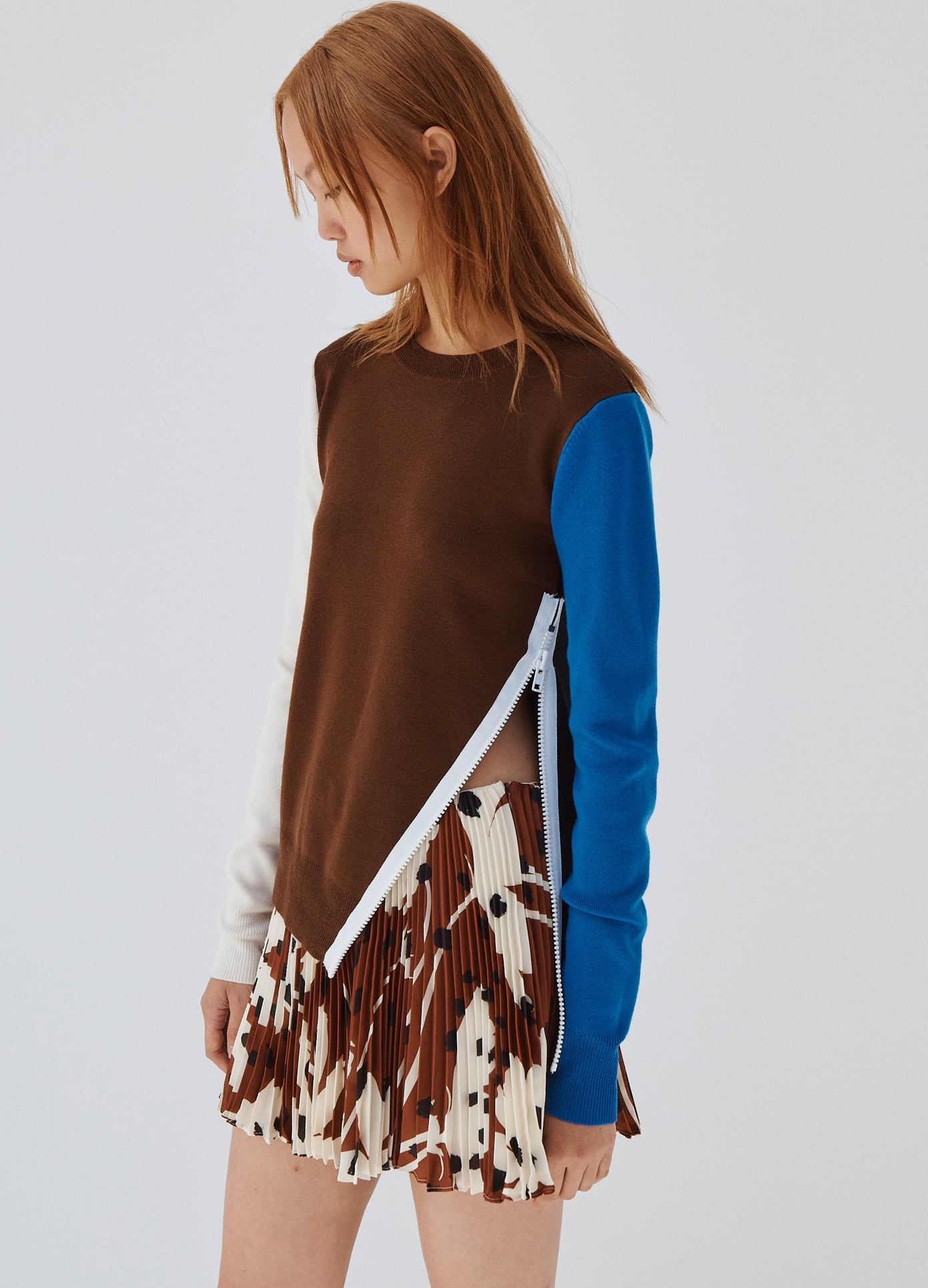 MONSE Colorblock Zip Detail Sweater in Brown on Model Side View