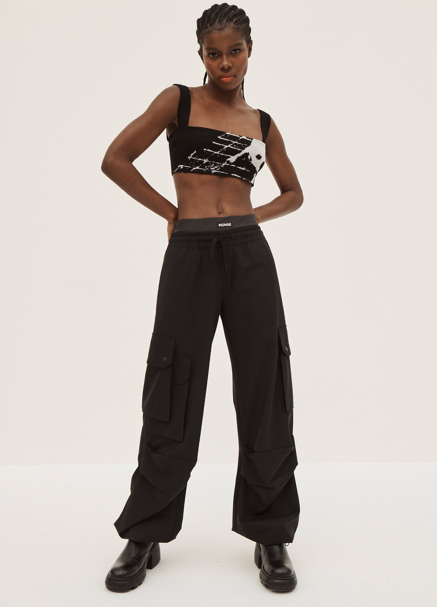 MONSE Combo Parachute Pants in Black and Mokaccino on Model Front View