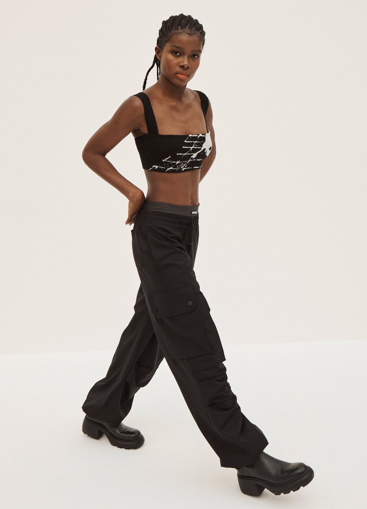 MONSE Combo Parachute Pants in Black and Mokaccino on Model Walking Side View