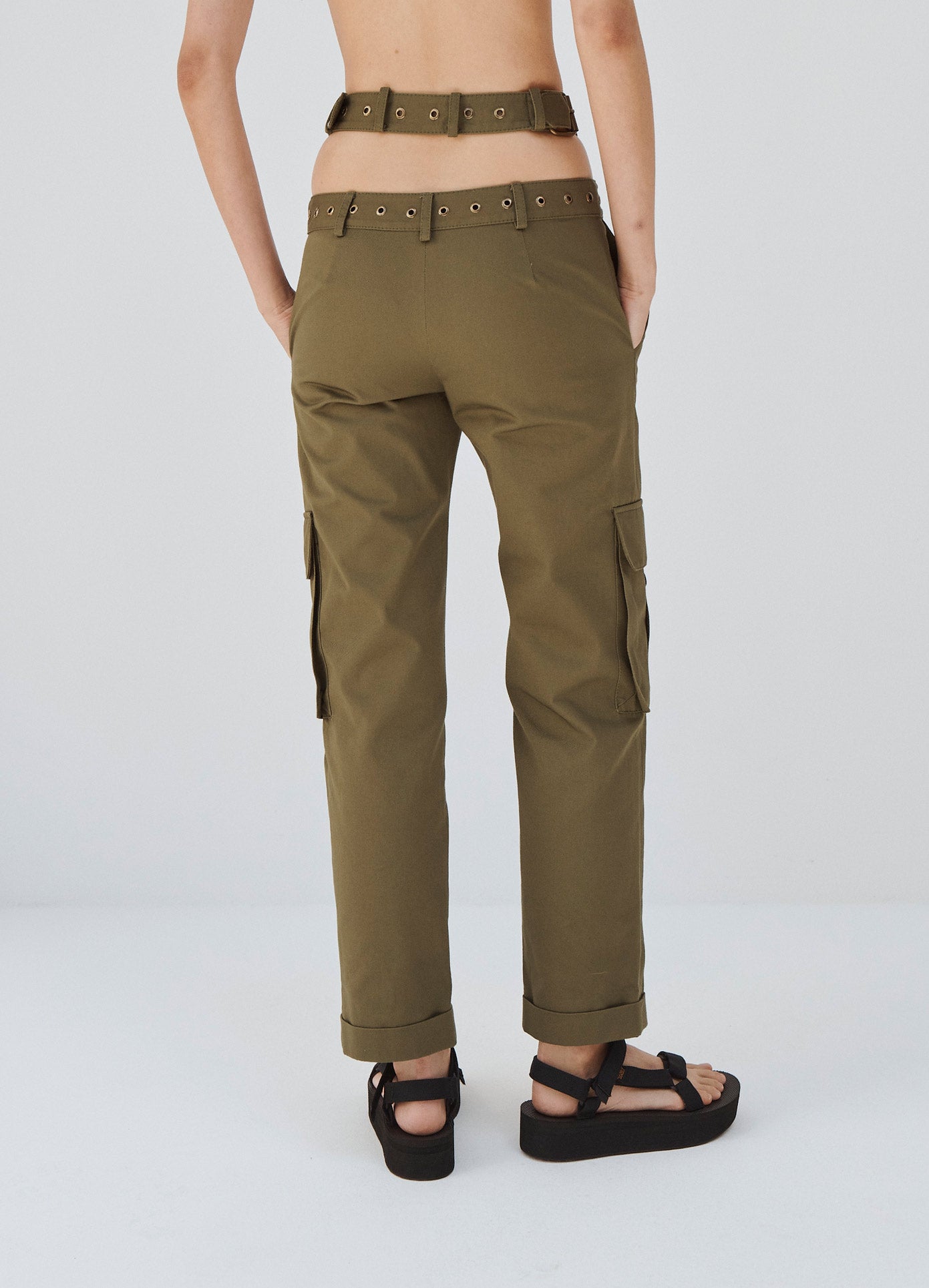 MONSE Criss Cross Waistband Cargo Pocket Pants in Olive on Model Back View
