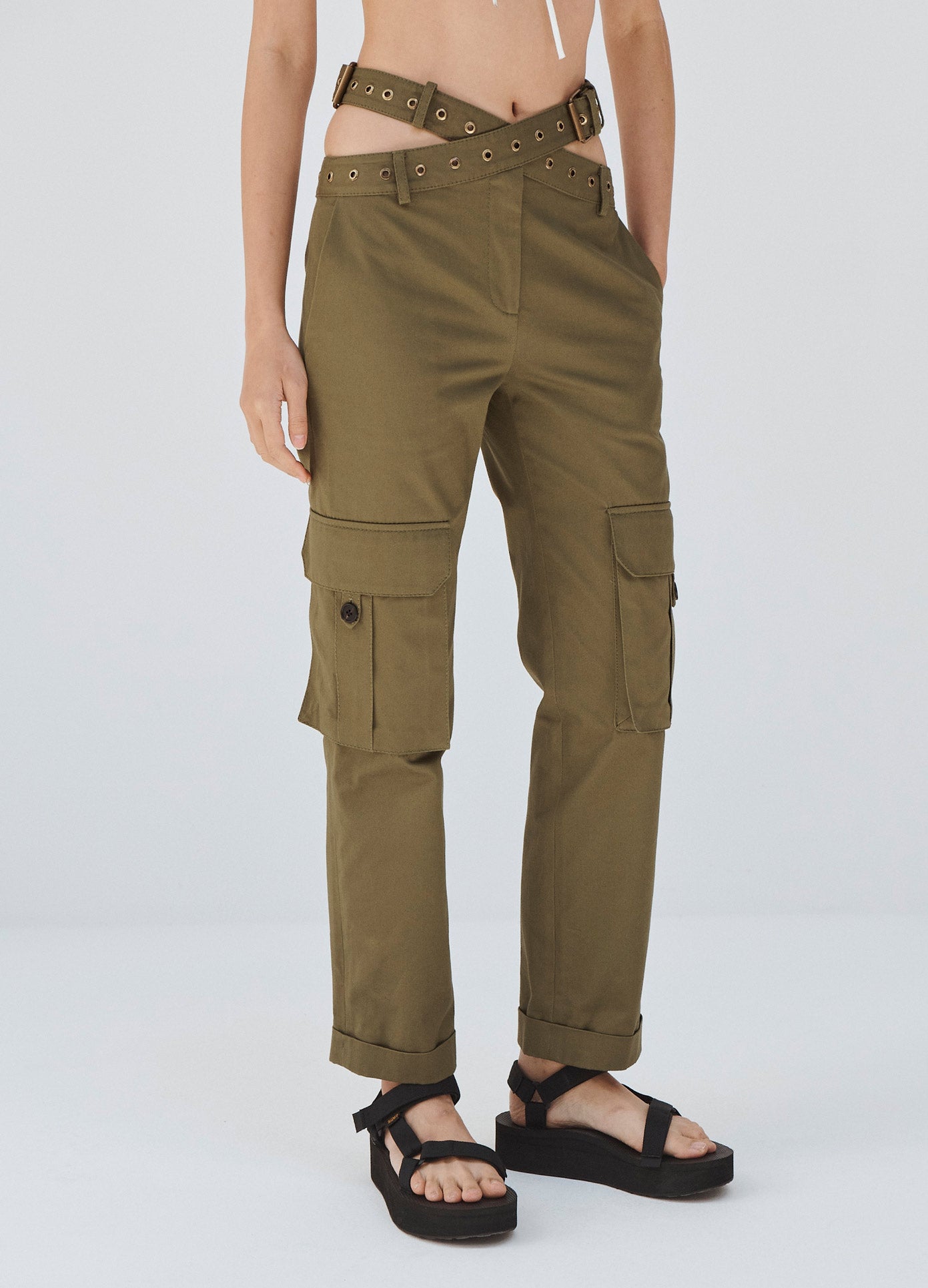MONSE Criss Cross Waistband Cargo Pocket Pants in Olive on Model Pant Detail View