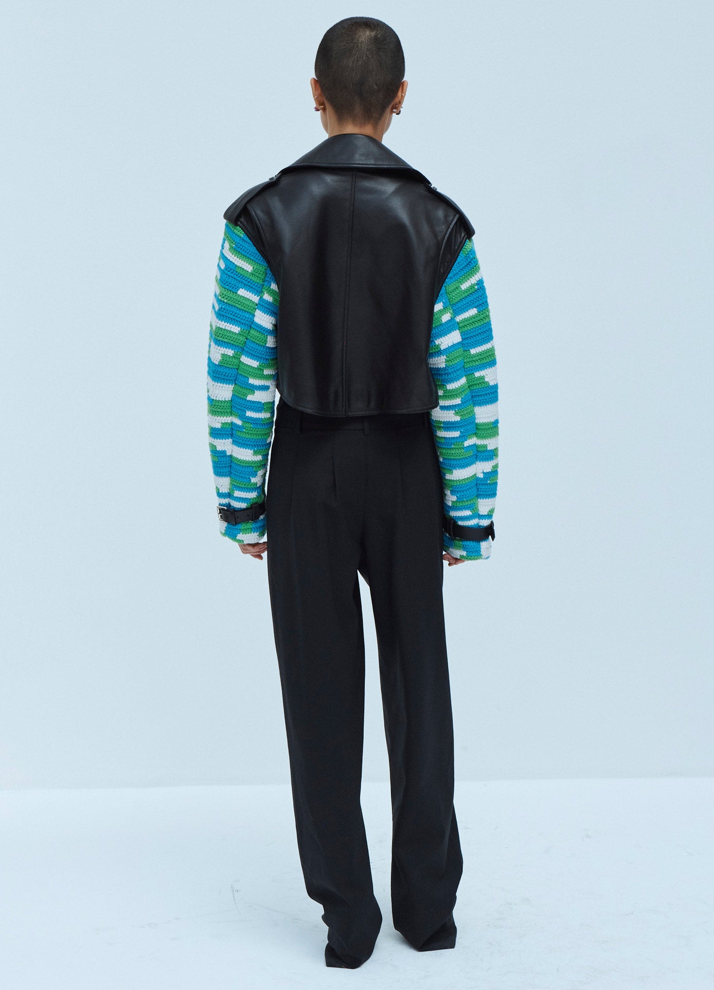 MONSE Crochet Sleeve Leather Jacket in Black Multi on Model Back View