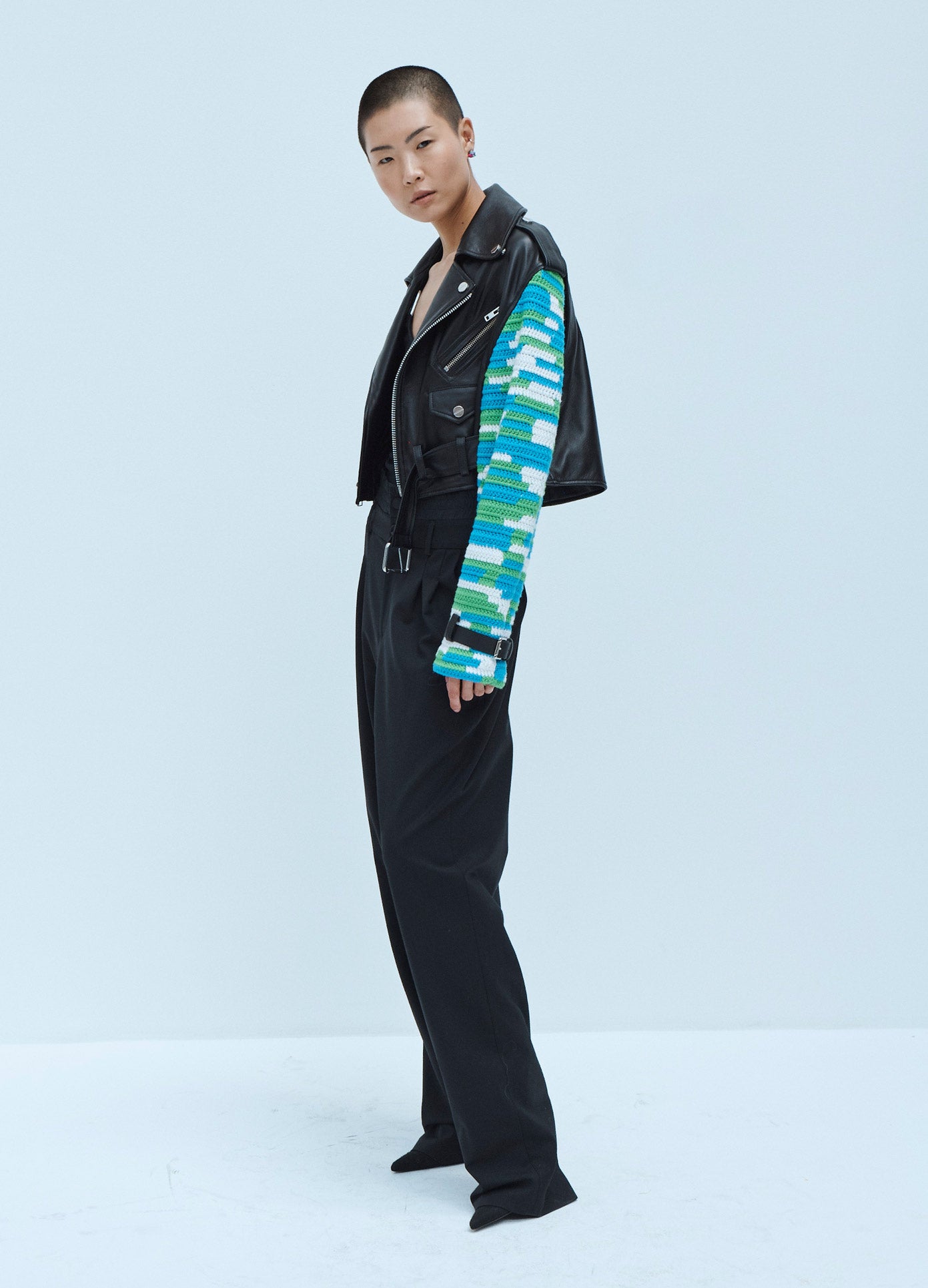 MONSE Crochet Sleeve Leather Jacket in Black Multi on Model Side View