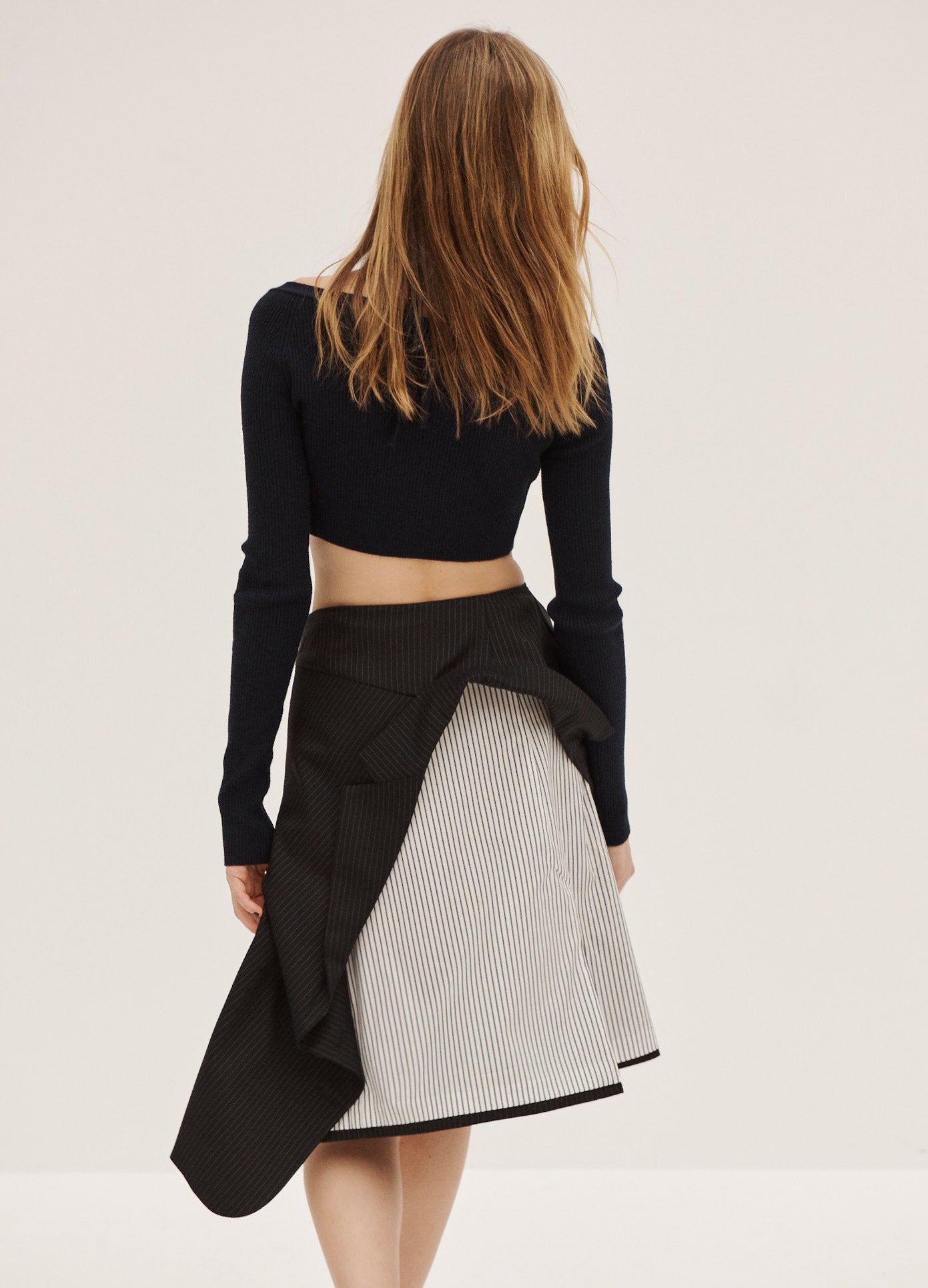 MONSE Cropped Cardigan Knit in Midnight on Model Back View